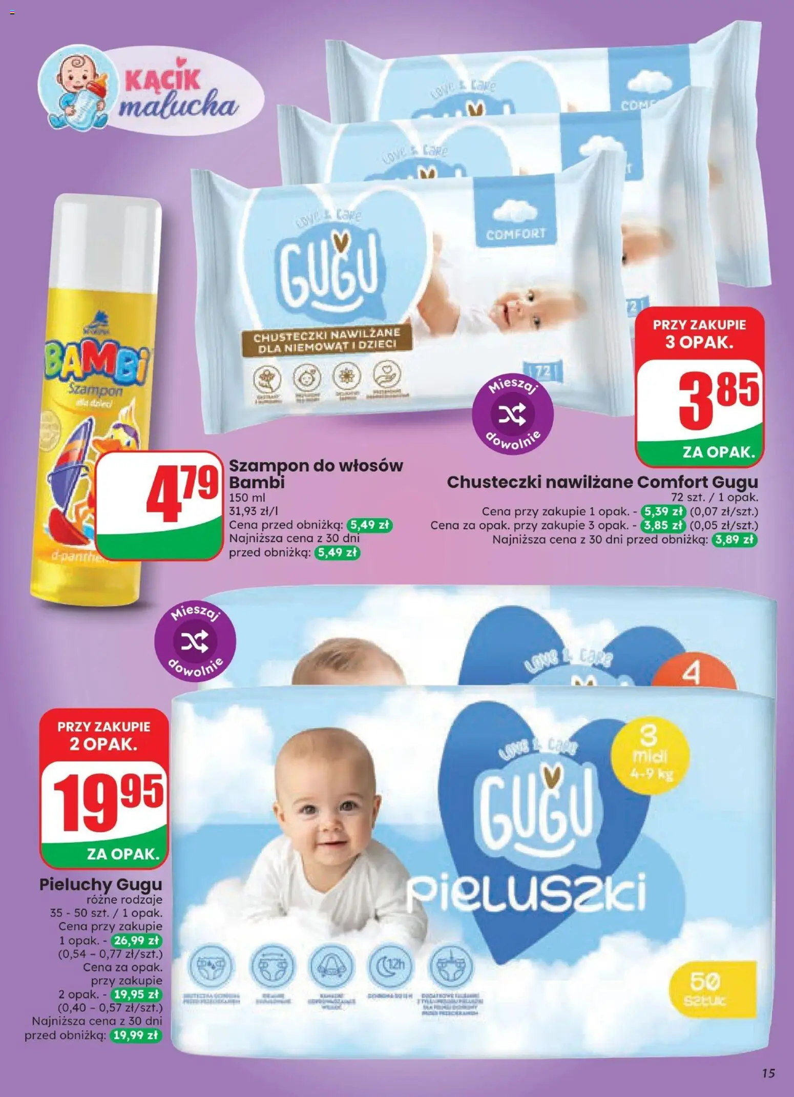 Dino gazetka od 07.10.2026 | Strona: 15 | Produkty: Chusteczki nawilżane, Chusteczki, Szampon do włosów, Pieluchy