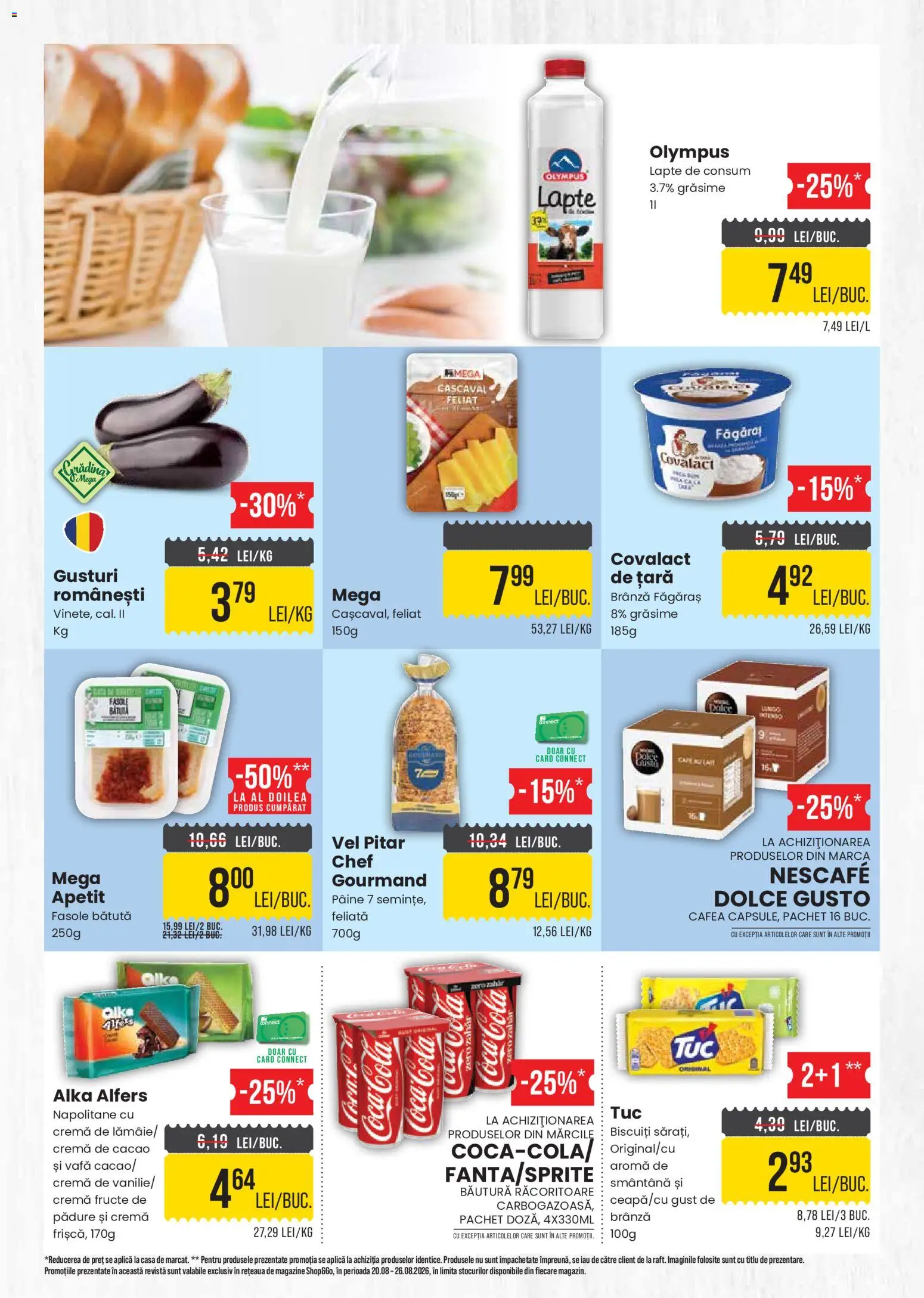 Noul catalog Mega Image – valabil de la 20.08.2026 | Pagină: 2 | Produse: Lapte, Pâine, Crema de cacao, Smântână