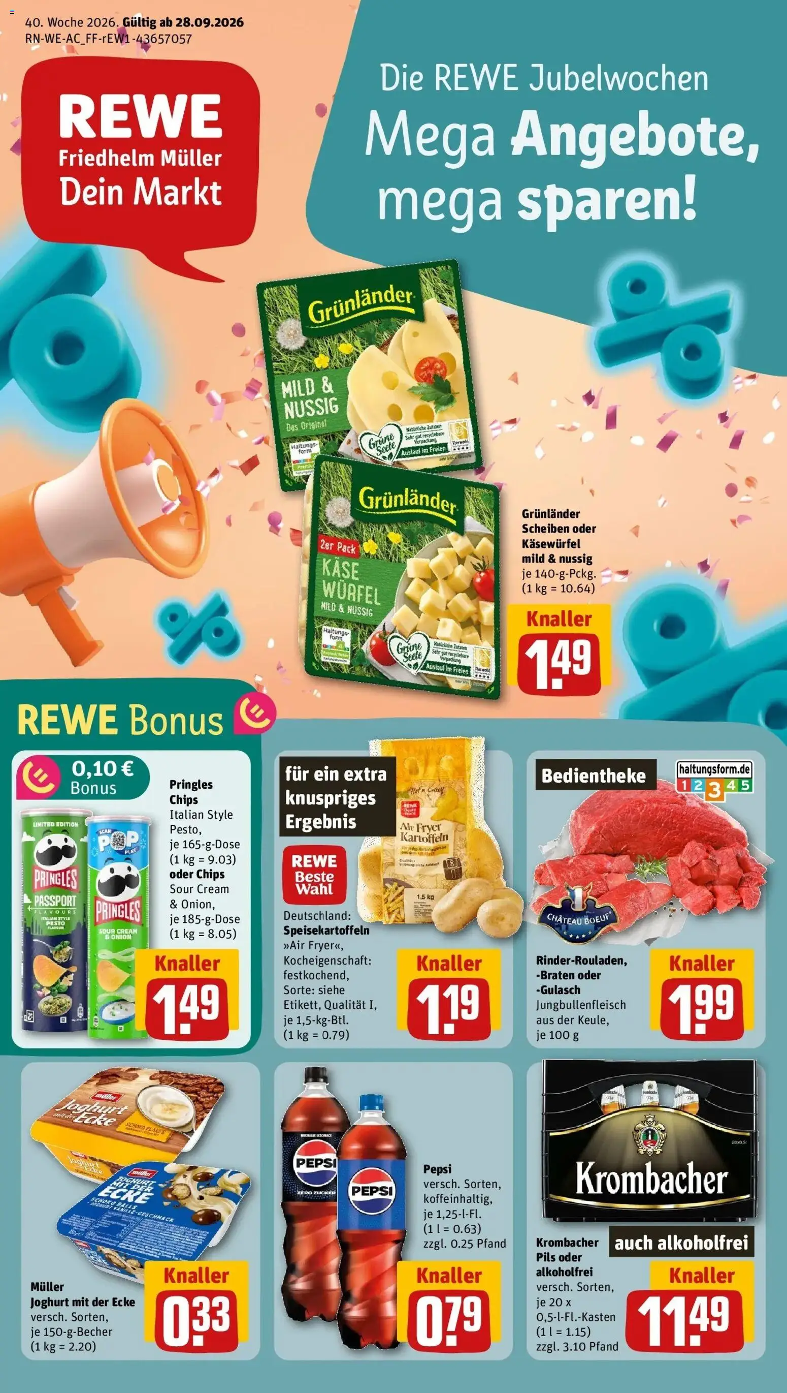 REWE Prospekt ab 28.09.2026 zum Blättern » Angebote | Seite: 1 | Produkte: Pils, Grunlander, Pepsi, Chips