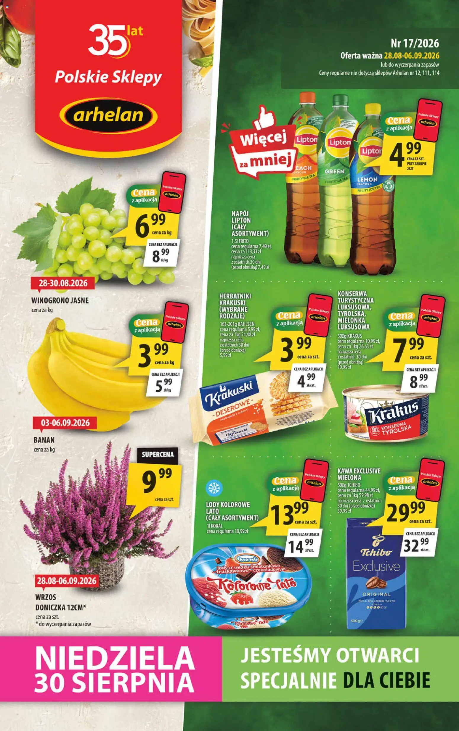 Arhelan gazetka od 28.08.2026 | Strona: 1 | Produkty: Winogrono, Ice Tea, Herbatniki, Kawa