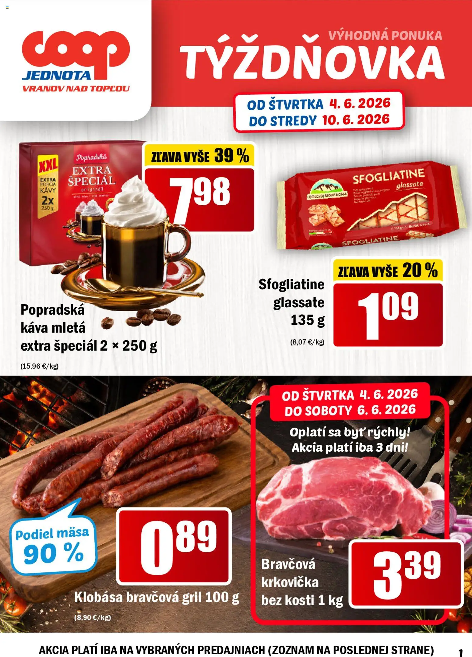 Nové COOP Jednota akcie – leták je platný od 04.06.2026 | Strana: 1 | Produkty: Gril, Káva, Klobása, Krkovička