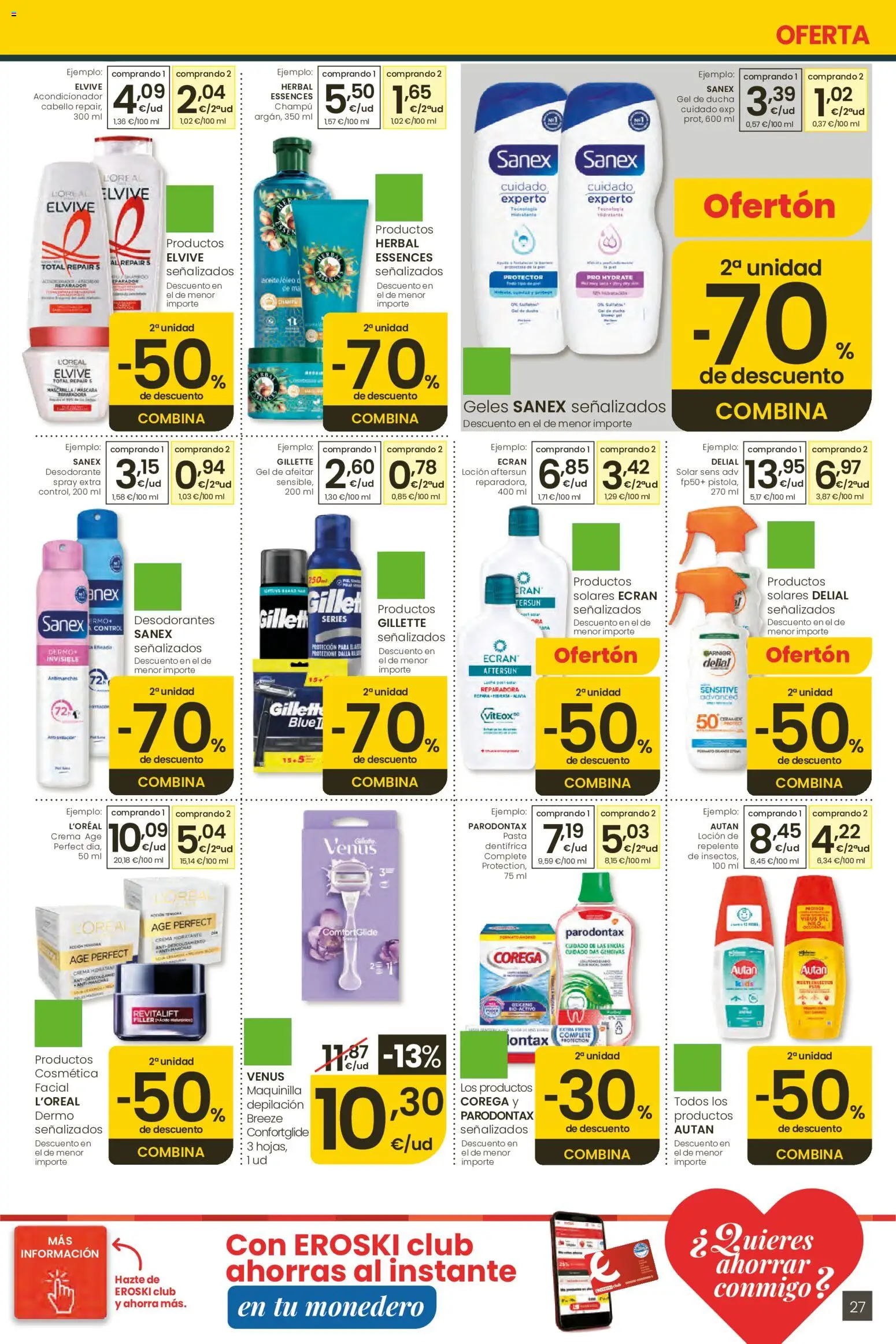 Eroski Ofertones de verano │ válido desde el 28.05.2026 | Página: 27 | Productos: Champú, Desodorante, Aceite, Crema