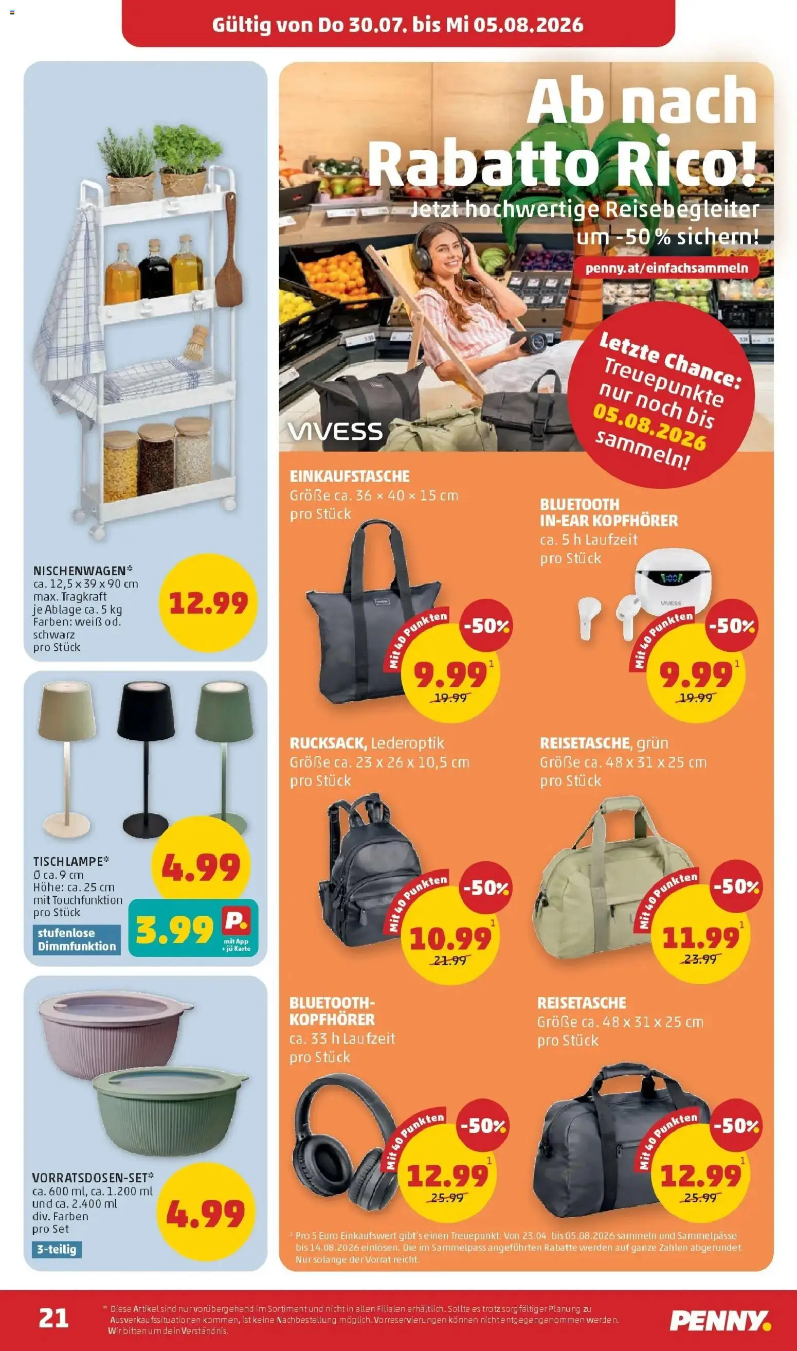Penny Markt Die ganze Woche sparen gültig ab 30.07.2026 | Seite: 21 | Produkte: Reisetasche, Kopfhörer