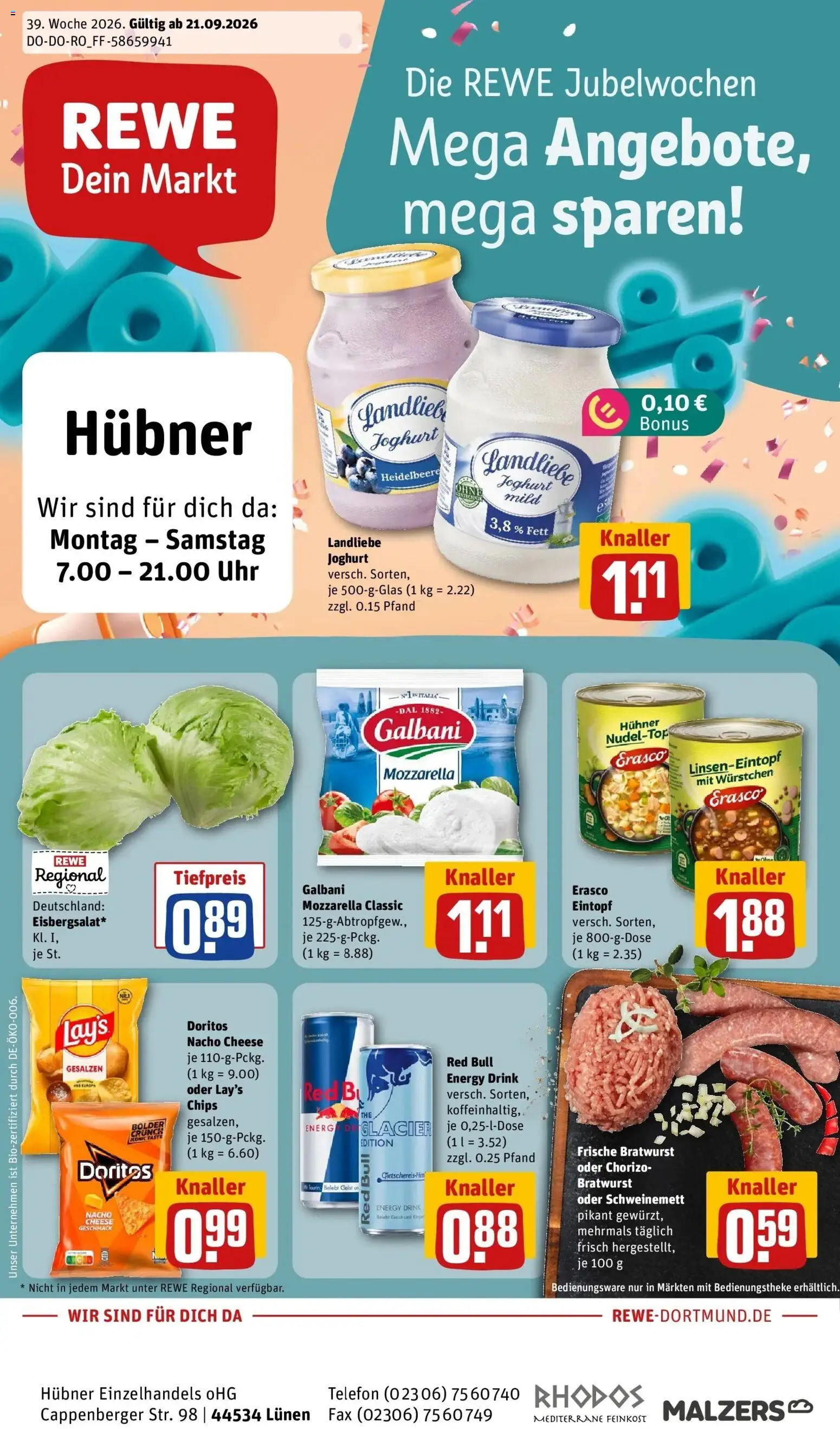 REWE Prospekt ab 21.09.2026 zum Blättern » Angebote | Seite: 1 | Produkte: Red bull, Joghurt, Erasco, Uhr