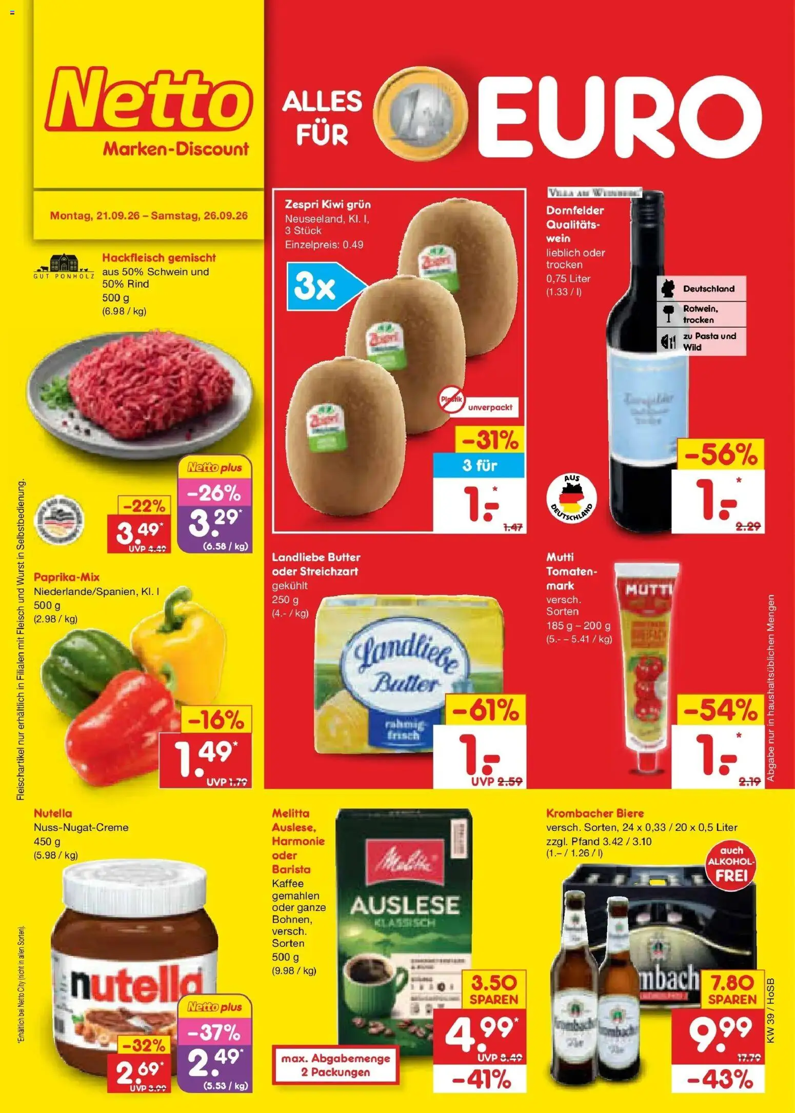Netto Marken-Discount Prospekt Hannover – gültig ab 21.09.2026 | Seite: 1 | Produkte: Nutella, Alkohol, Wurst, Hackfleisch