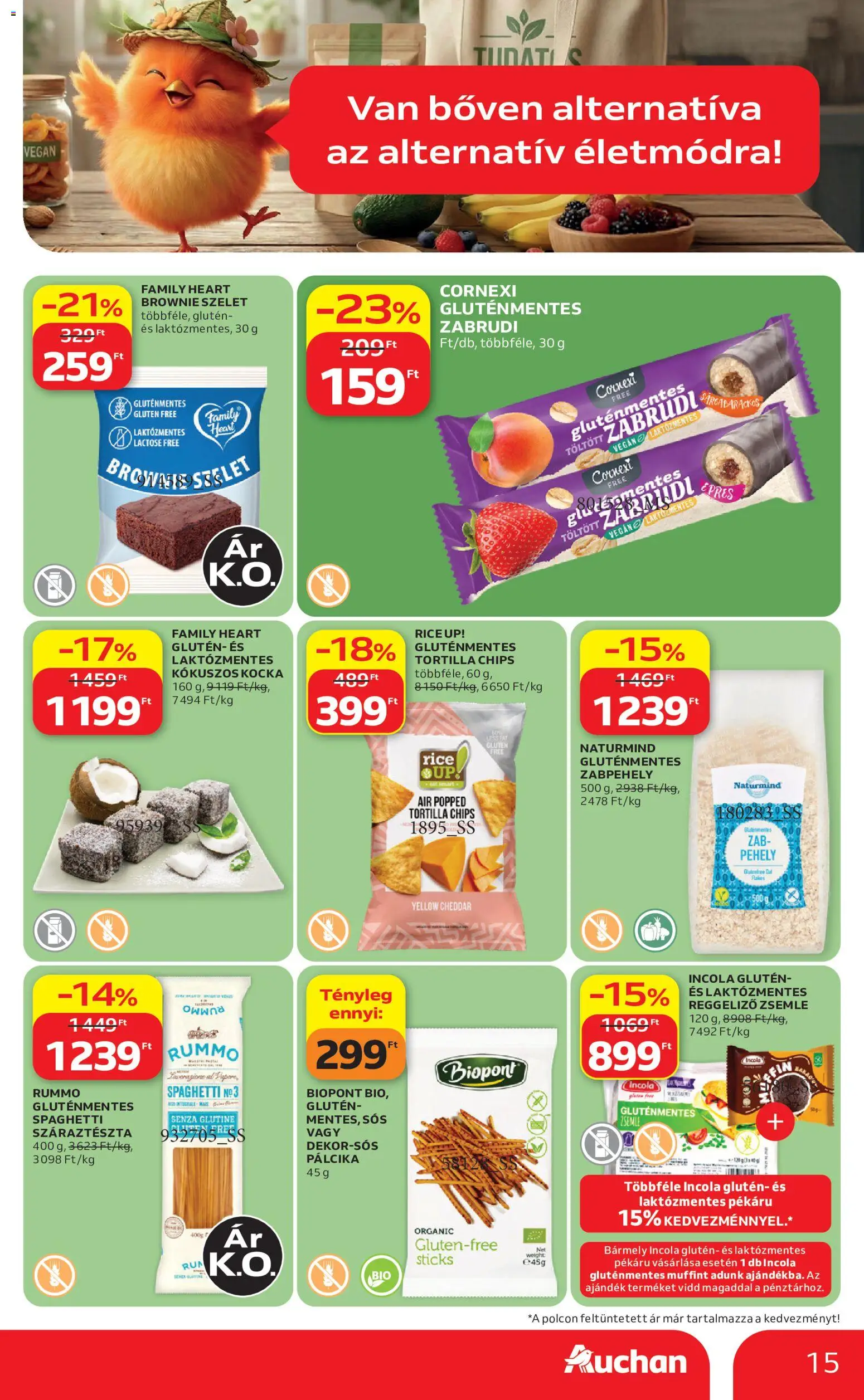 Auchan akciós ujság - amely érvényes a következő dátumtól: 2026.07.16. | Oldal: 15 | Termékek: Tortilla, Gluténmentes, Száraztészta, Pehely
