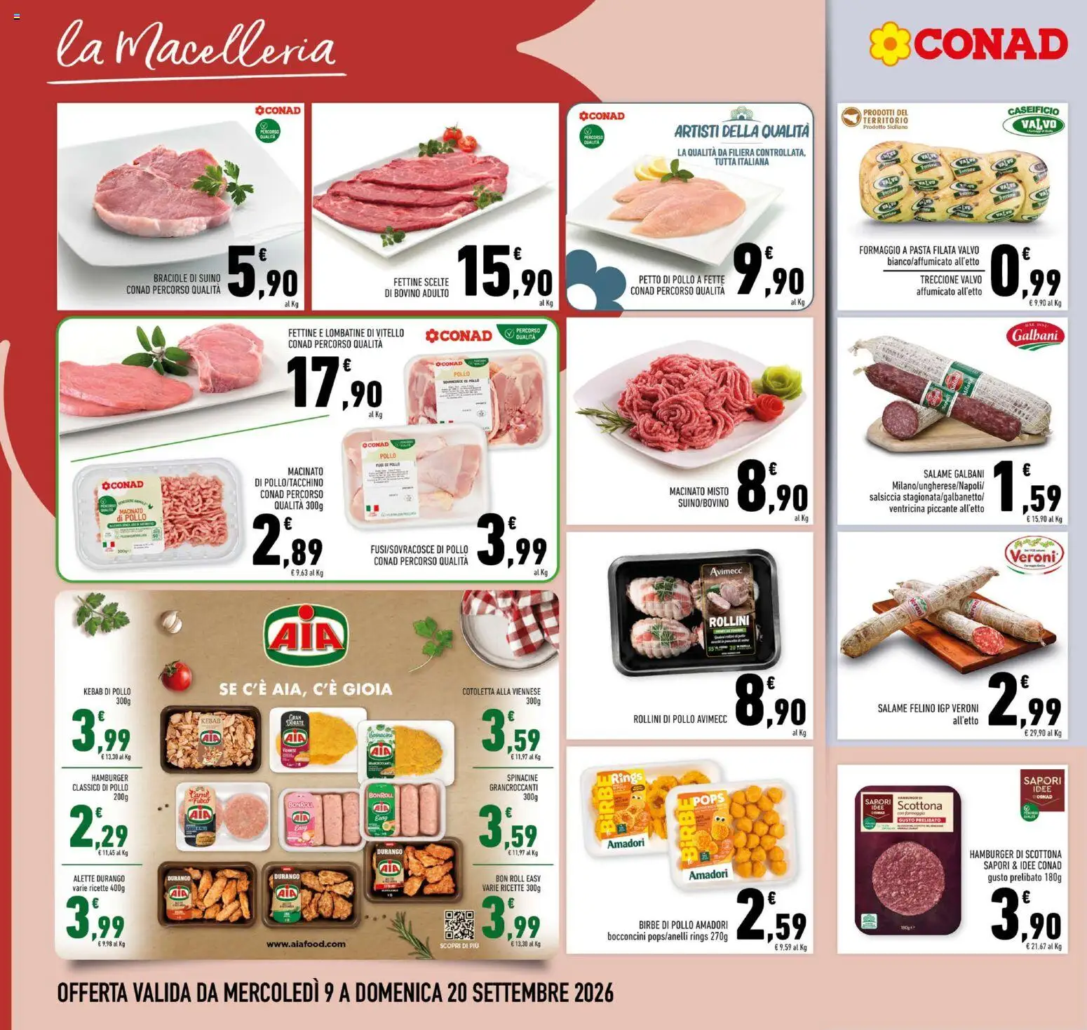 Volantino Conad del 09/09/2026 | Pagina: 6 | Prodotti: Salame, Formaggio, Salsiccia, Macinato