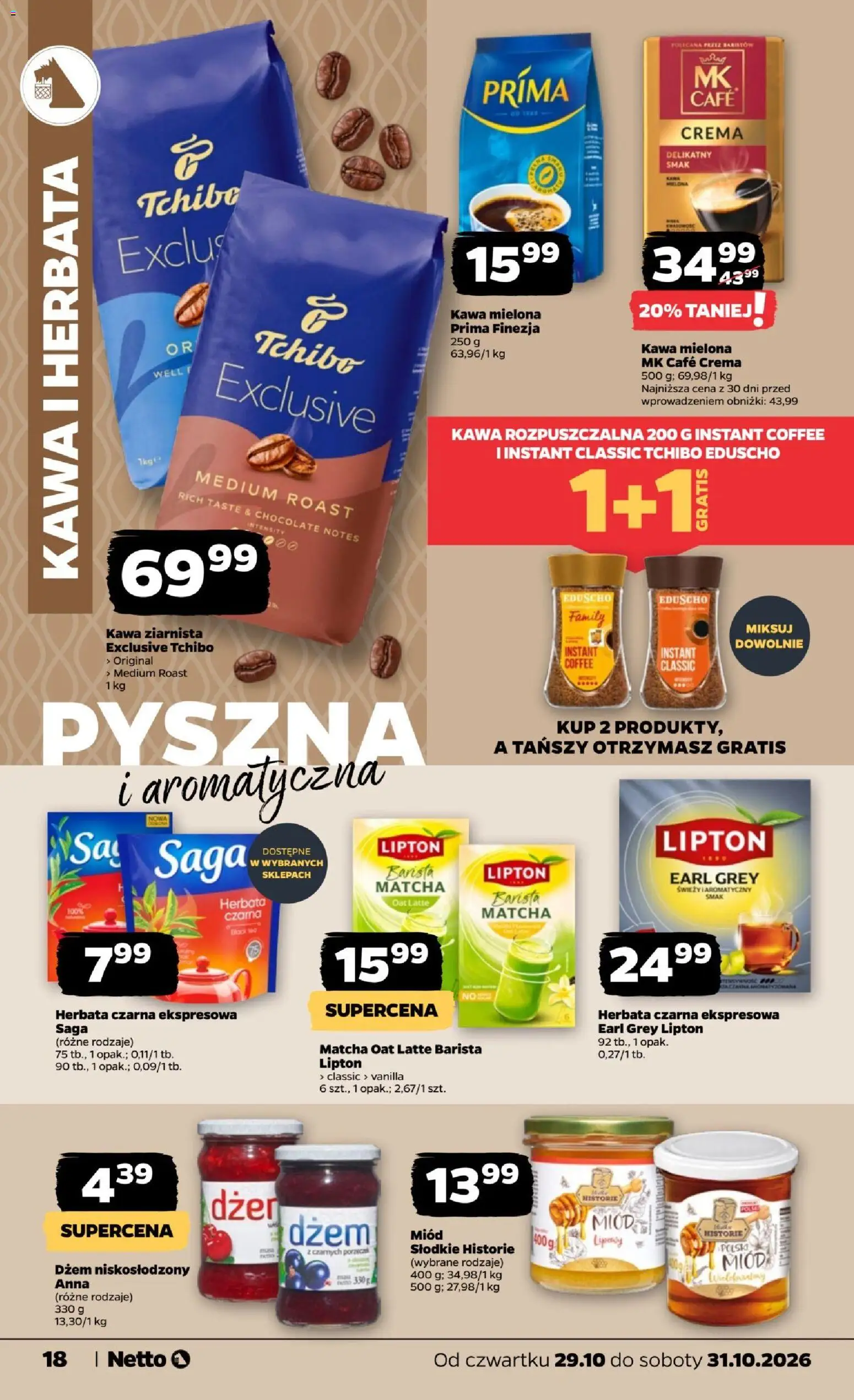 Netto gazetka od czwartku od 29.10.2026 | Strona: 18 | Produkty: Dżem niskosłodzony, Herbata czarna, Tchibo kawa ziarnista, Herbata