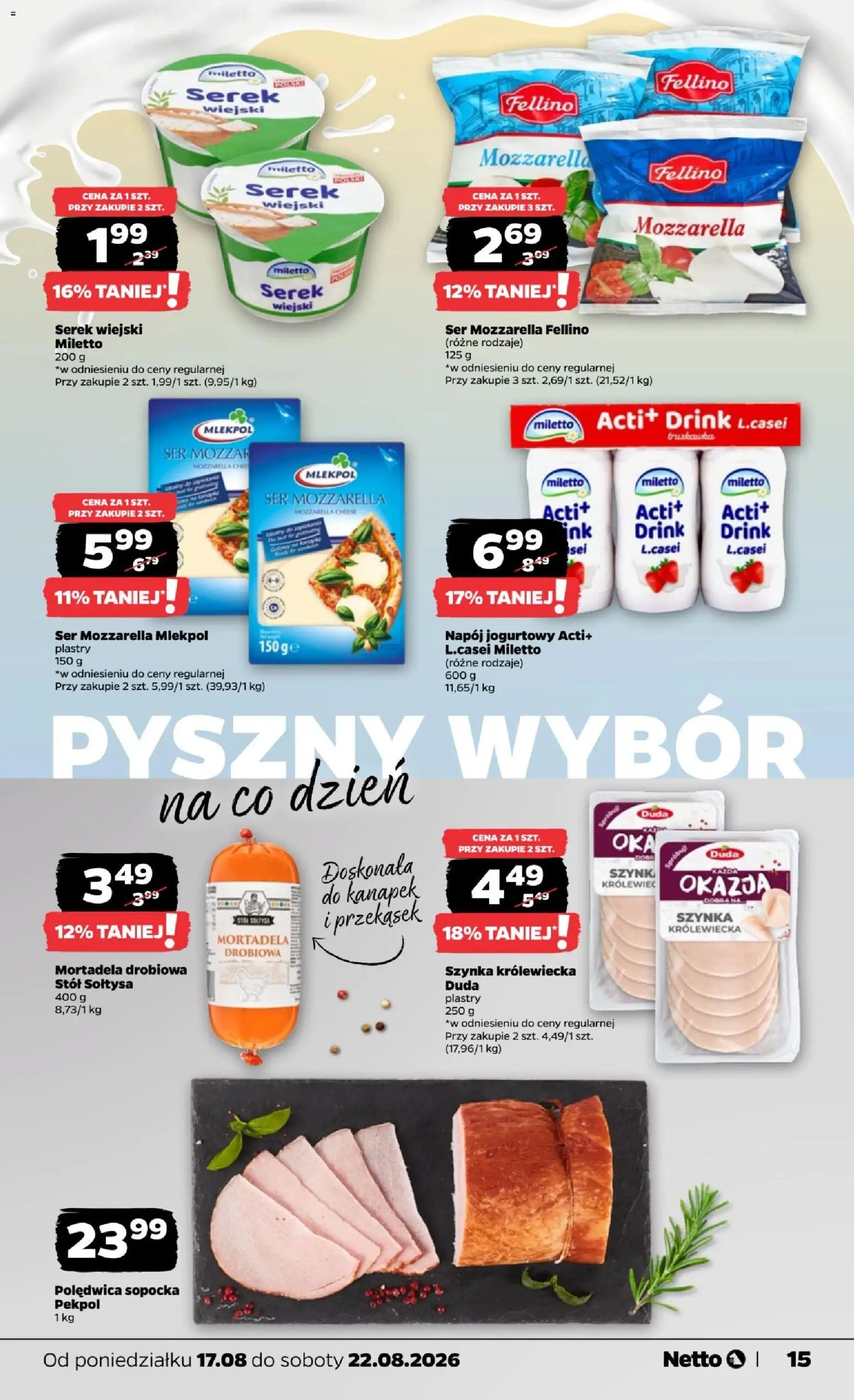 Netto gazetka od poniedziałku od 17.08.2026 | Strona: 15 | Produkty: Serek, Polędwica sopocka, Ser, Mozzarella