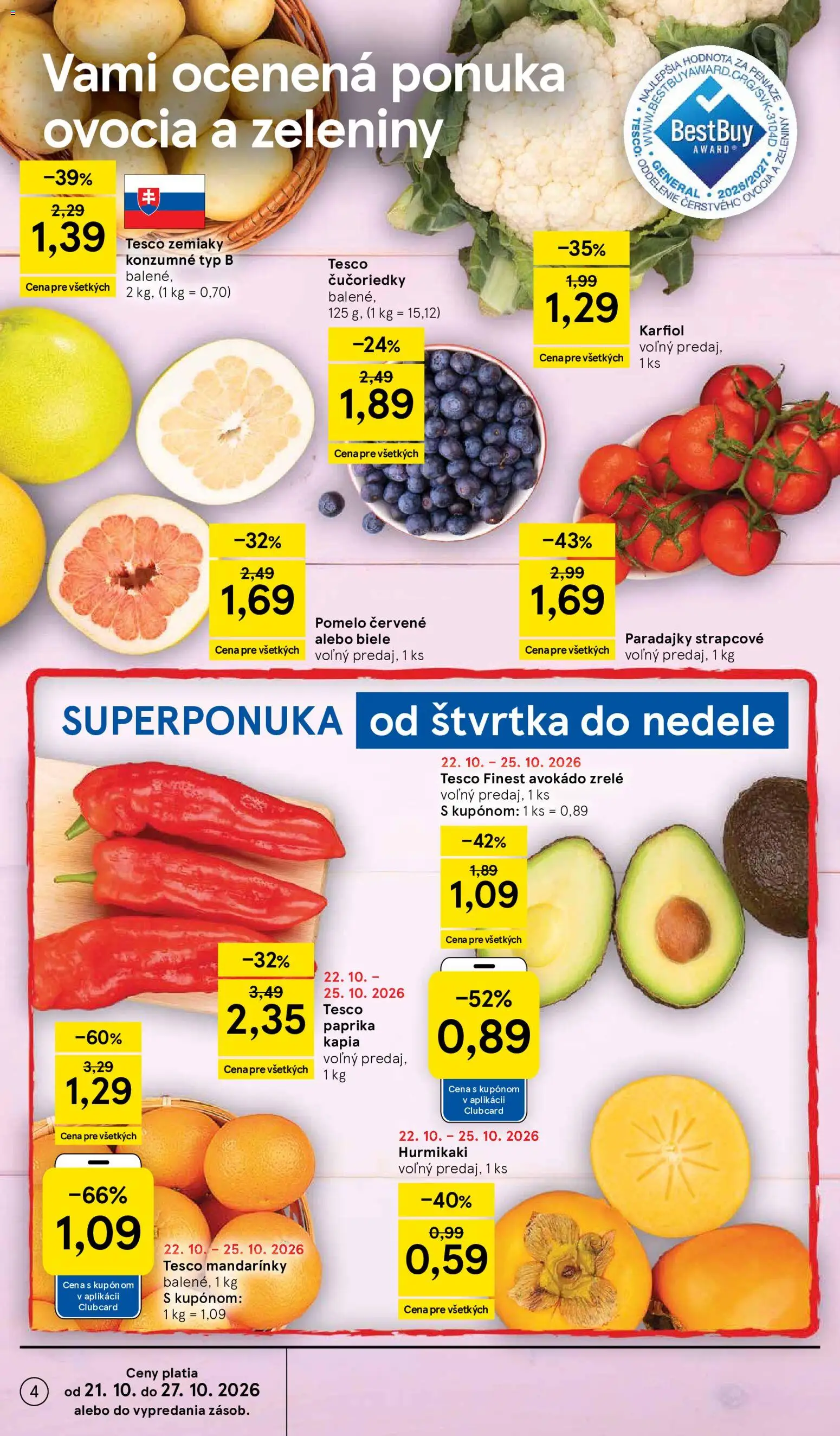Nové Tesco akcie – leták je platný od 21.10.2026 | Strana: 4 | Produkty: Paradajky, Čučoriedky, Zemiaky, Pomelo