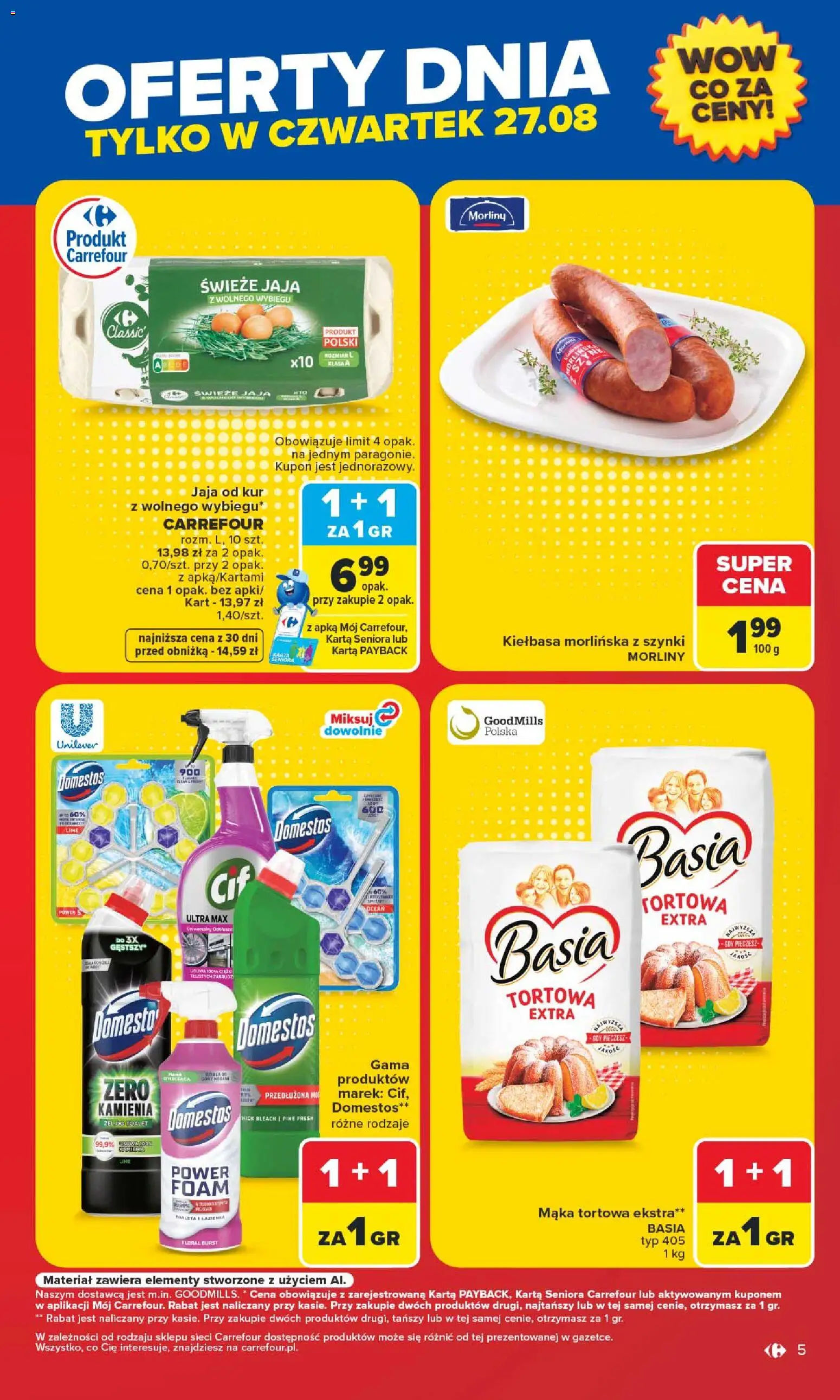 Carrefour gazetka - Warszawa od 24.08.2026 | Strona: 5 | Produkty: Kiełbasa, Mąka tortowa, Toaleta, Domestos
