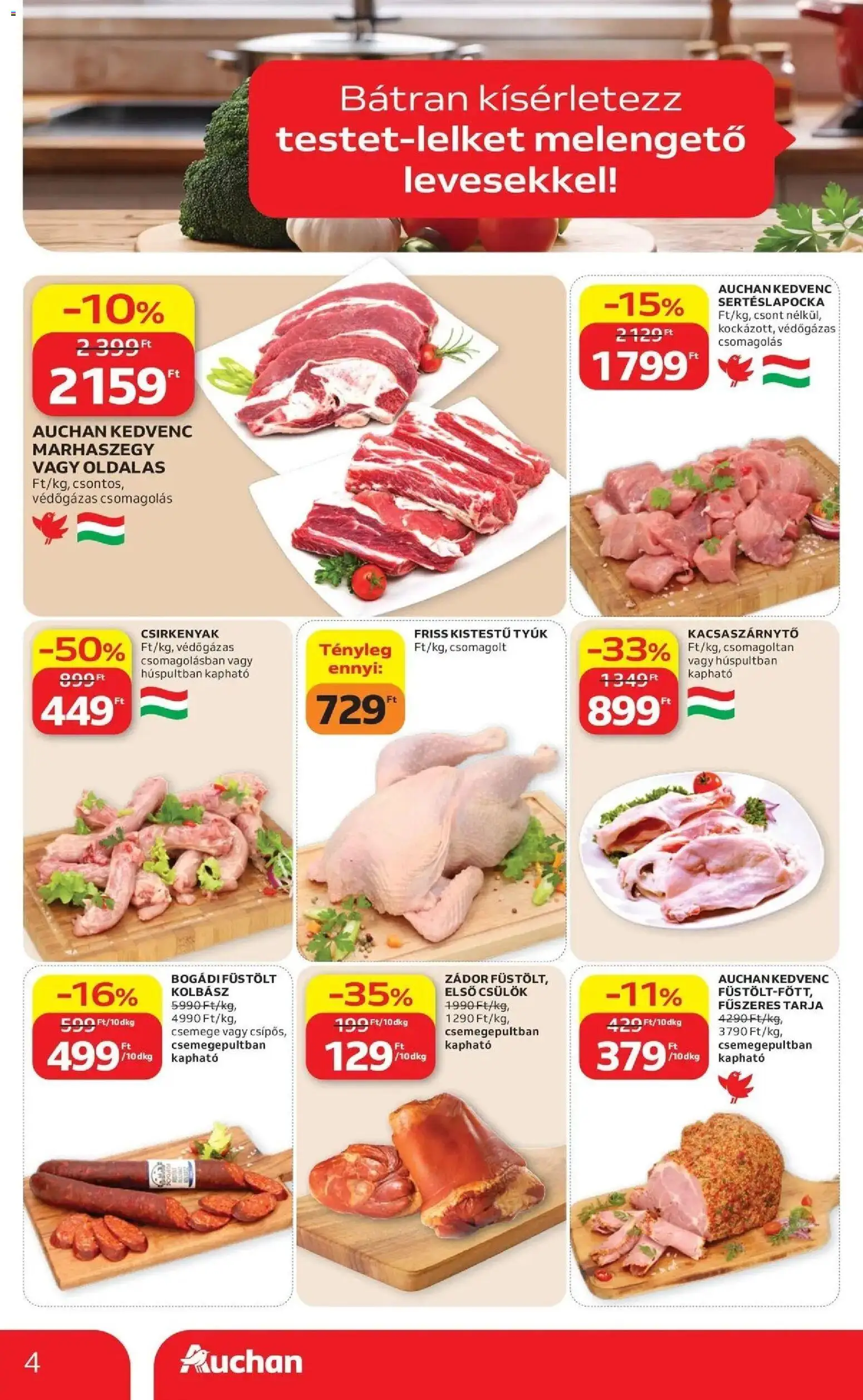 Auchan akciós ujság - amely érvényes a következő dátumtól: 2026.09.24. | Oldal: 4 | Termékek: Oldalas, Kolbász, Tyúk, Csülök
