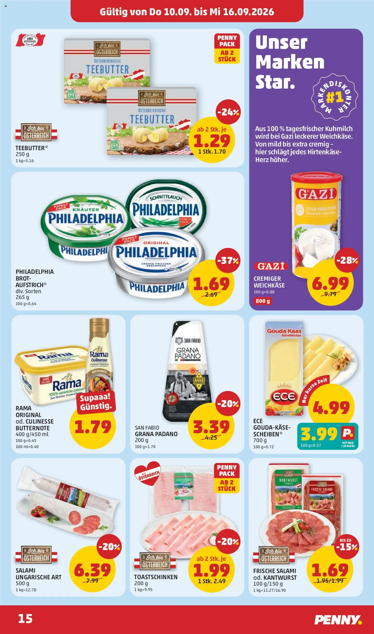 Penny Markt Flugblatt gültig ab 10.09.2026 | Seite: 15 | Produkte: Weichkäse, Zutaten, Brot, Salami