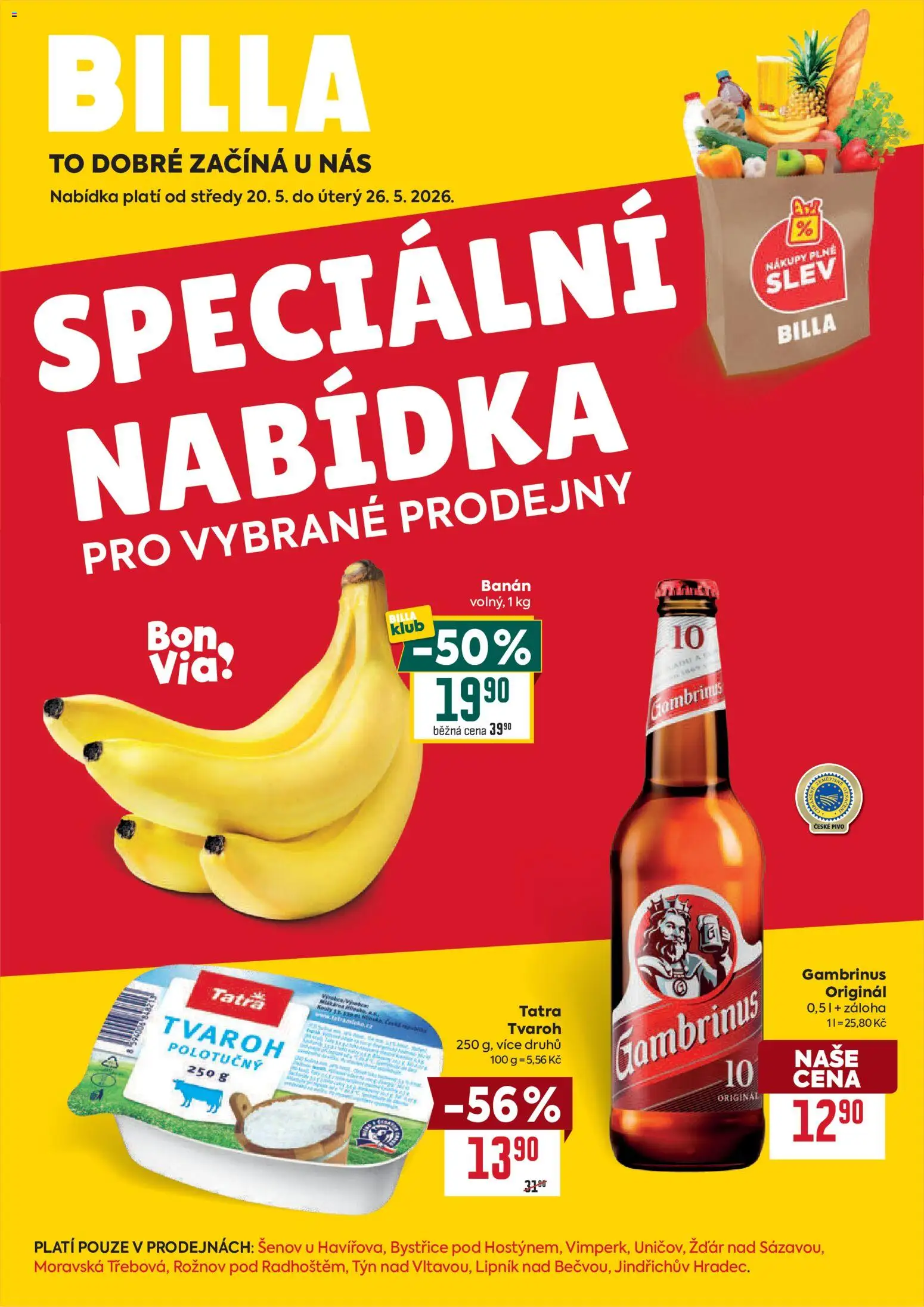 Billa leták - Speciální nabídka od 20.05.2026 | Strana: 1 | Produkty: Pivo, Tvaroh, Banán, Gambrinus