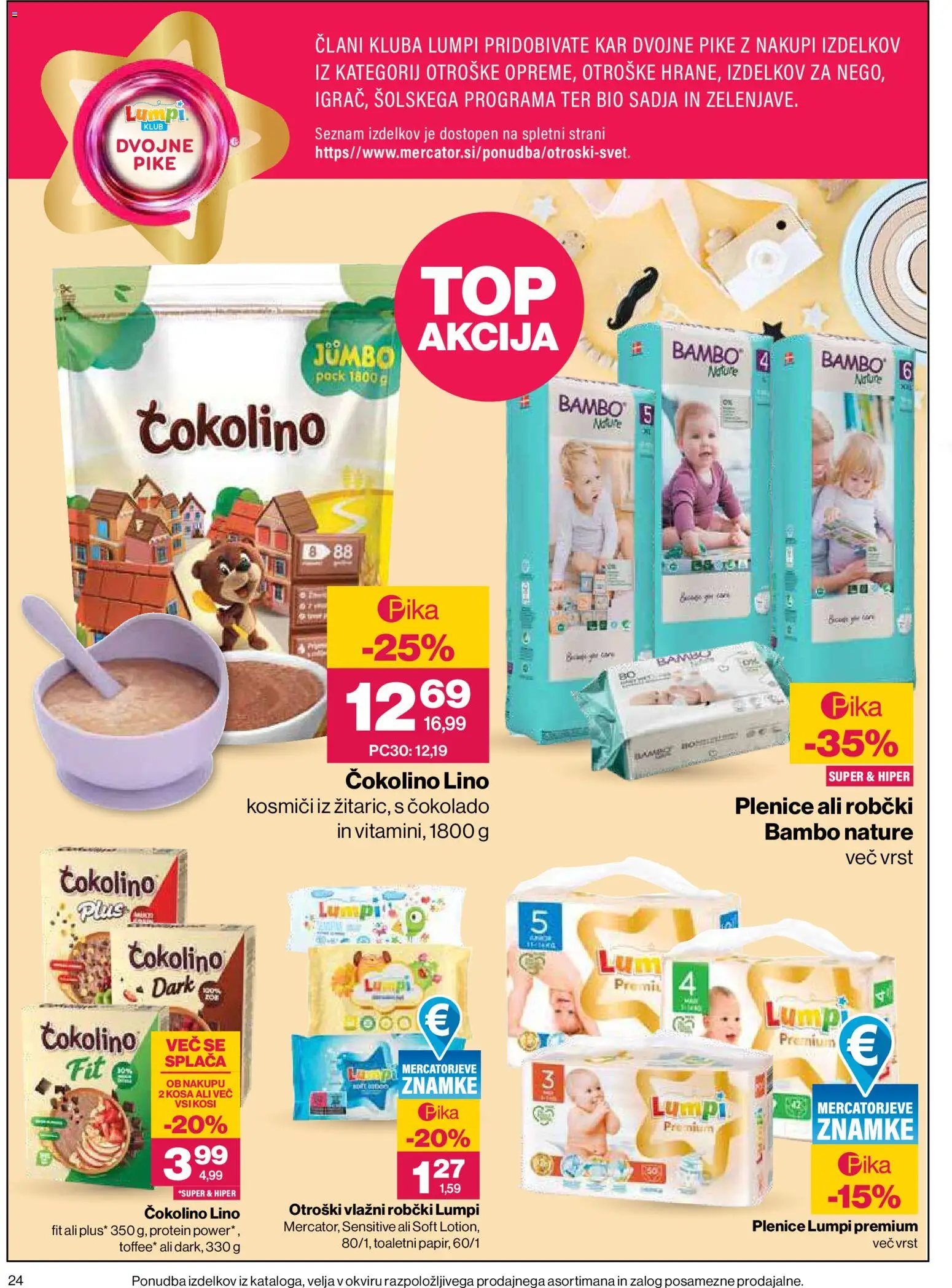 Novi Mercator katalog ponudbe – veljaven od 30.07.2026 | Stran: 24 | Izdelki: Plenice, Robčki, Čokolino, Kosmici