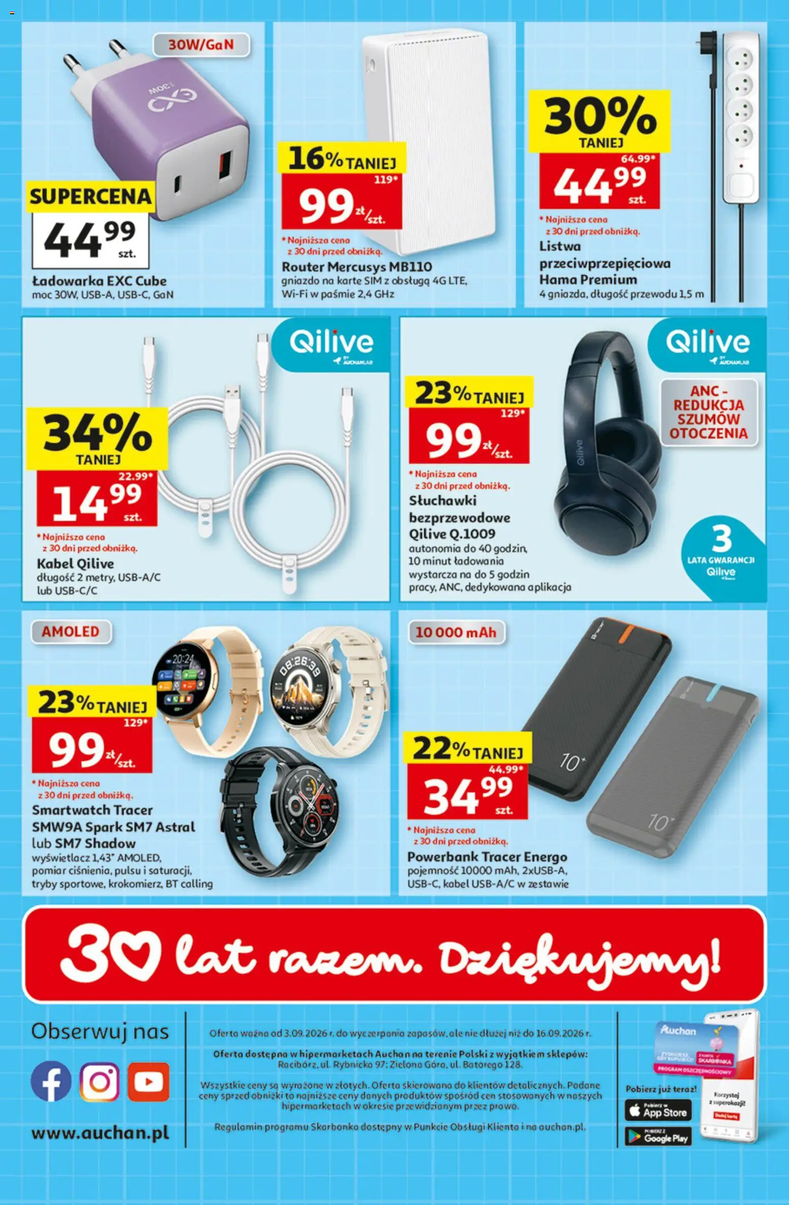 Auchan gazetka - 30 Lat Hipermarket Student od 03.09.2026 | Strona: 2 | Produkty: Słuchawki, Kabel, Powerbank, Router