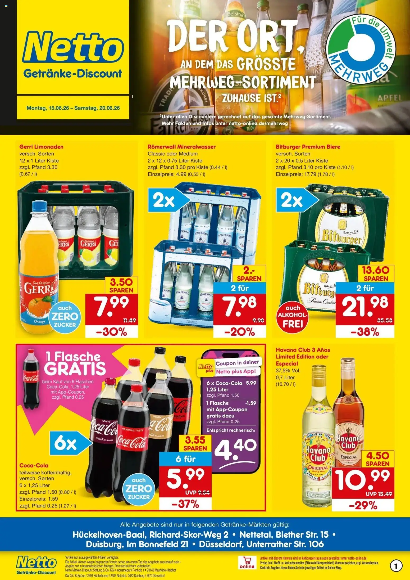 Netto Marken-Discount Prospekt Düsseldorf – gültig ab 15.06.2026 | Seite: 1 | Produkte: Havana club, Bitburger, Coca cola, Zucker