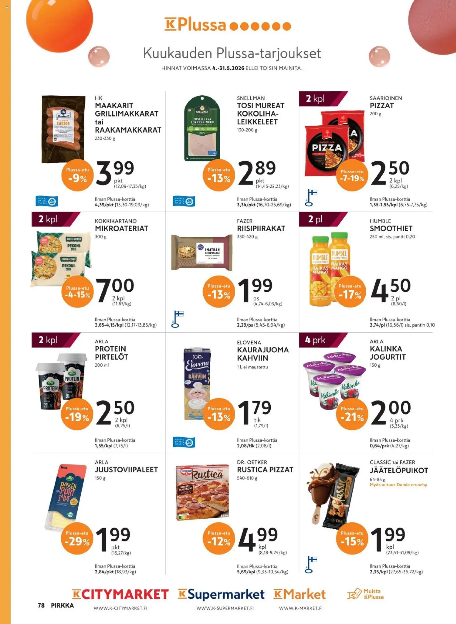 K-Citymarket tarjoukset - Pirkka – voimassa 06.05.2026 alkaen | Sivu: 78 | Tuotteet: Mango, Kaurajuoma, Pizza, Pasta