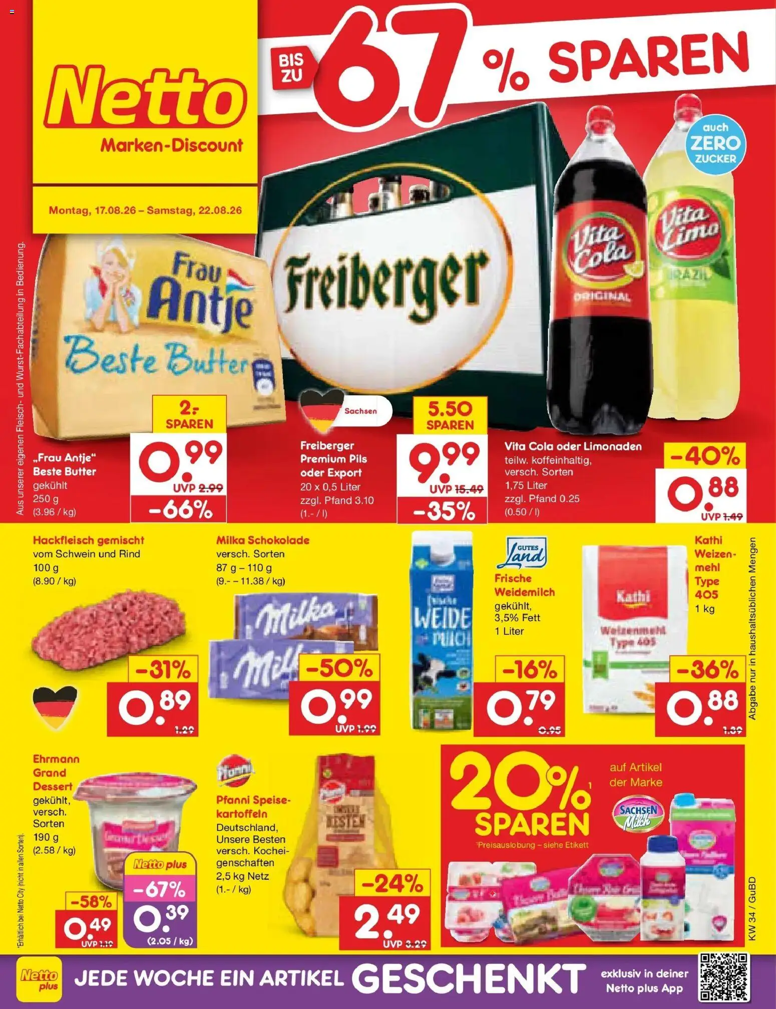 Netto Marken-Discount Prospekt Augustusburg – gültig ab 17.08.2026 | Seite: 1 | Produkte: Schokolade, Pils, Vita cola, Hackfleisch