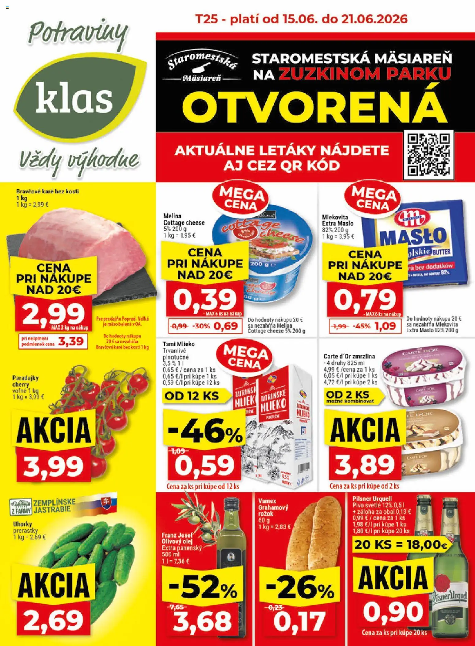 Nové Klas akcie – leták je platný od 15.06.2026 | Strana: 1 | Produkty: Pilsner Urquell, Olej, Olivový olej, Zmrzlina