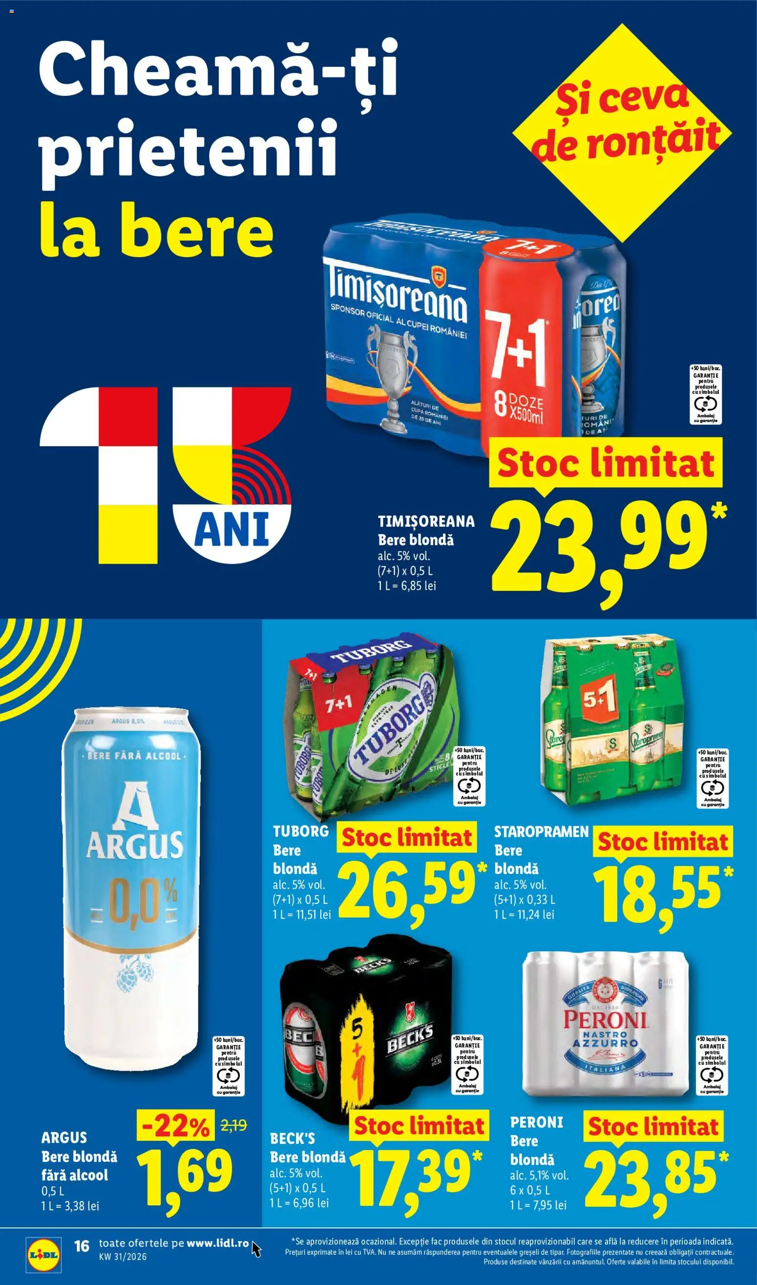 Noul catalog Lidl – valabil de la 27.07.2026 | Pagină: 16 | Produse: Bere fara alcool, Staropramen, Bere, Argus