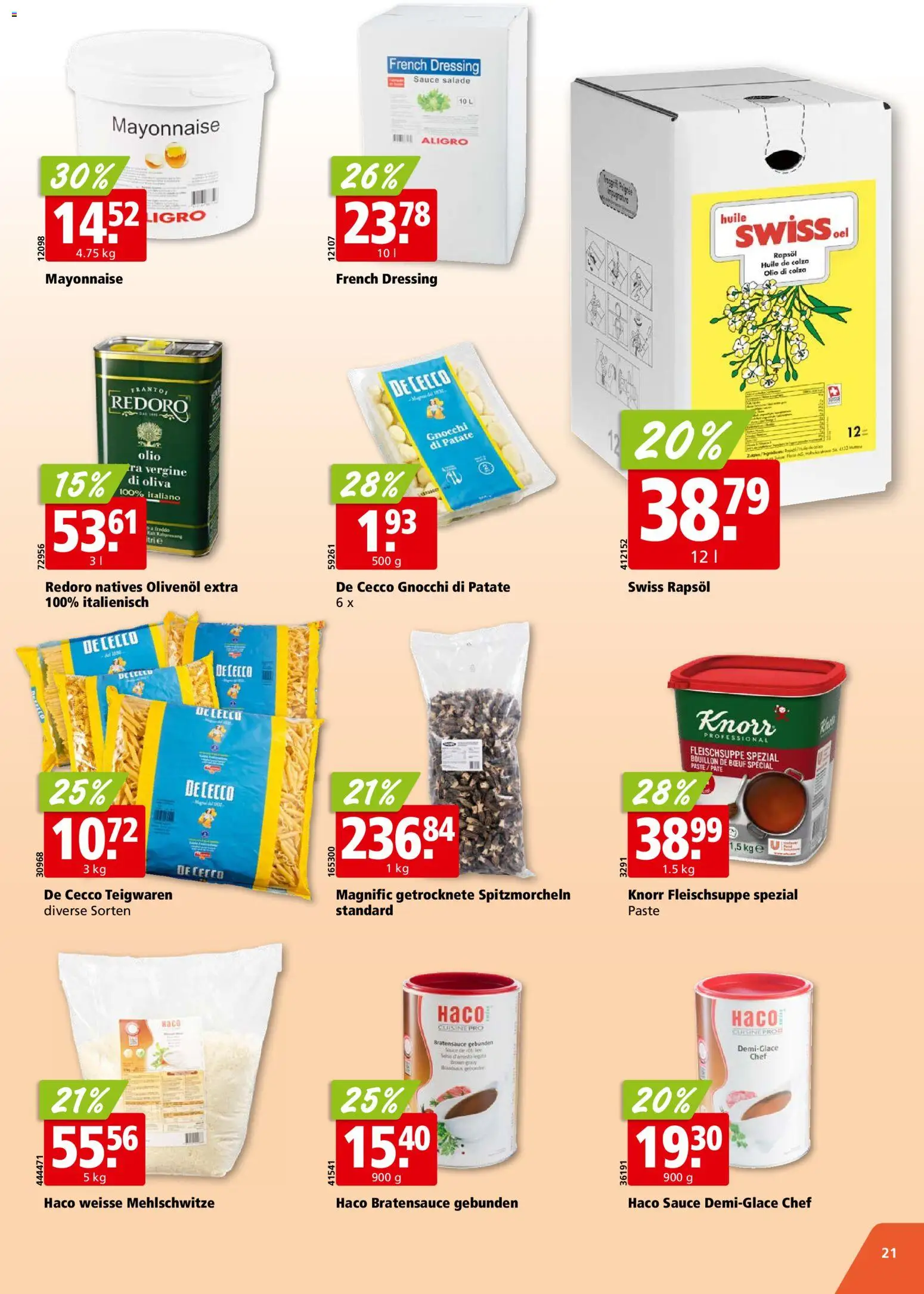 Aligro aktionen Chavannes, Matran, Genf, Sitten – gültig ab 13.07.2026 | Seite: 21 | Produkte: Rapsöl, Dressing, Teigwaren, Mayonnaise