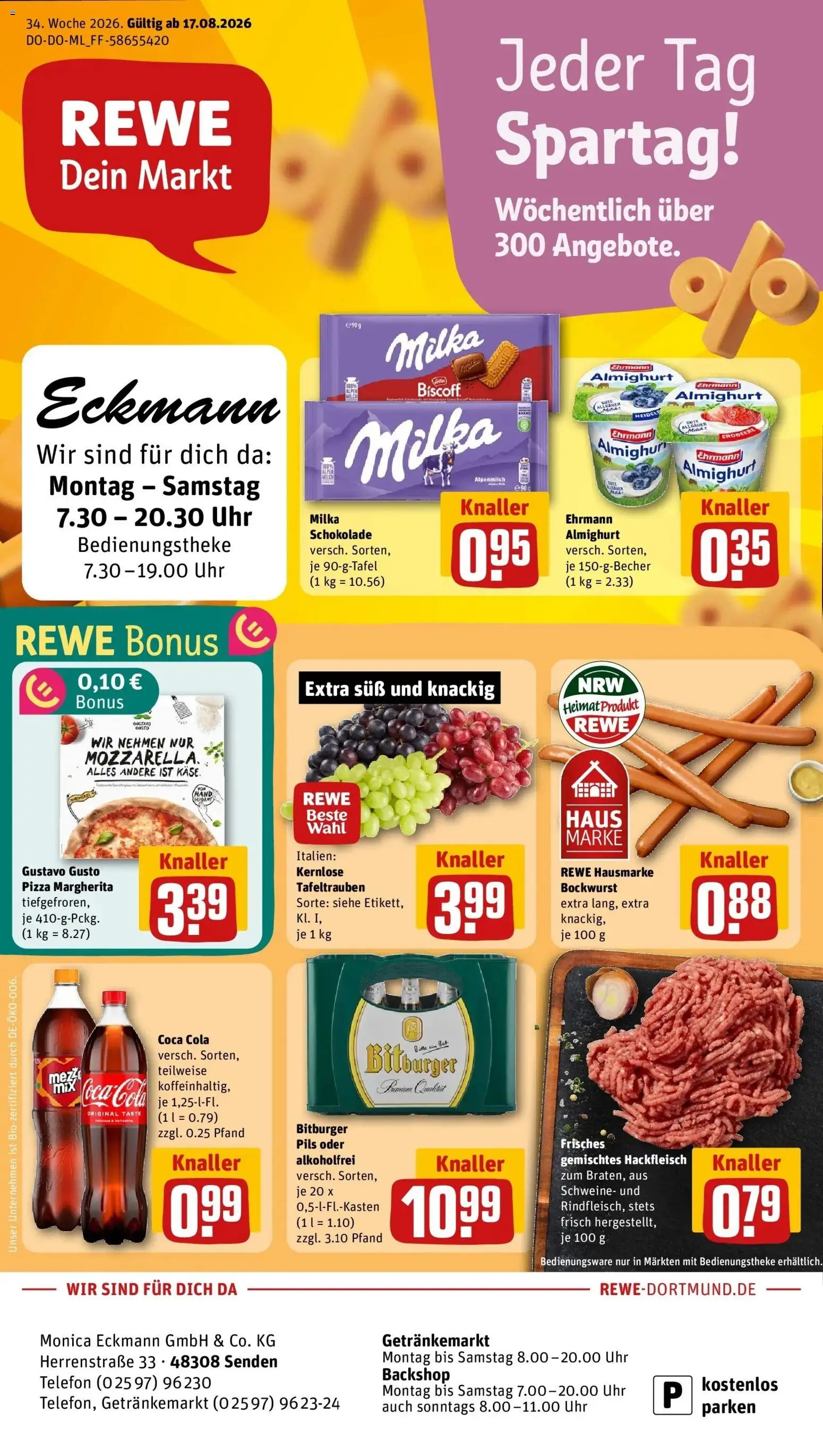REWE Prospekt ab 17.08.2026 zum Blättern » Angebote | Seite: 1 | Produkte: Bitburger, Coca cola, Cola, Hackfleisch