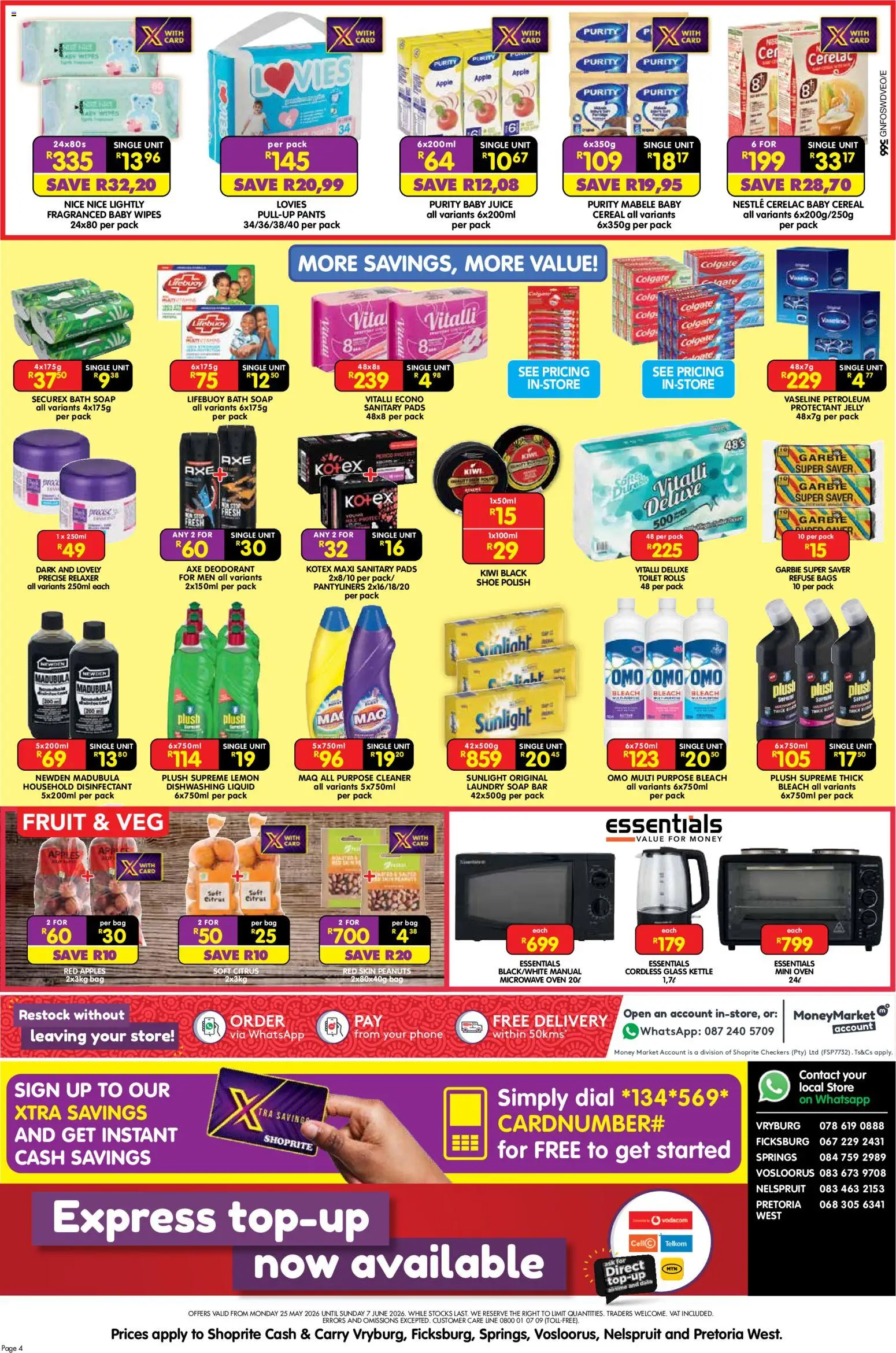 New Shoprite catalogue – valid from 25.05.2026 | Page: 4 | Products: Microwave oven, Disinfectant, Juice, Dishwashing liquid