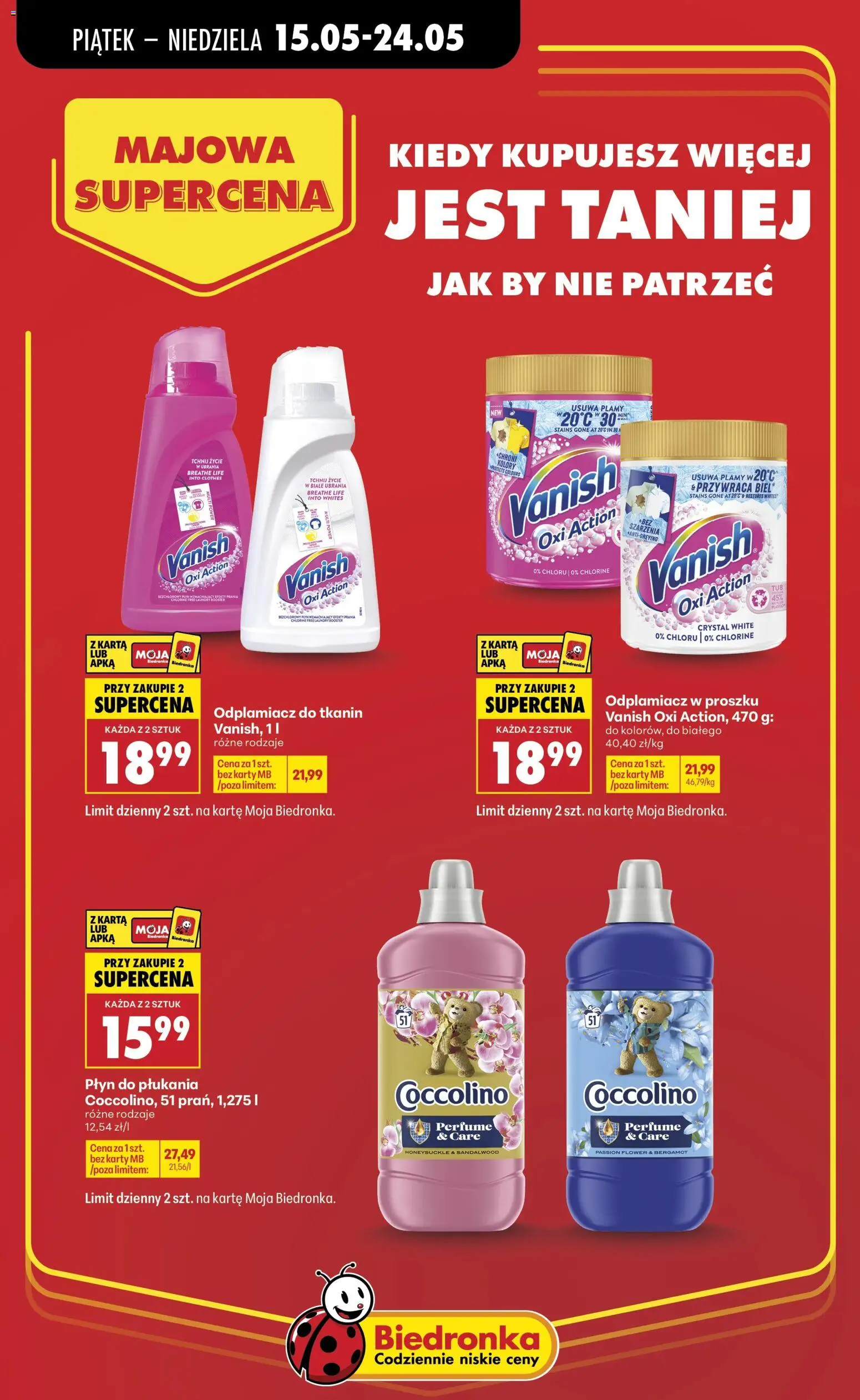 Biedronka gazetka - Majowa supercena od 14.05.2026 | Strona: 5 | Produkty: Ubrania, Vanish, Coccolino, Odplamiacz