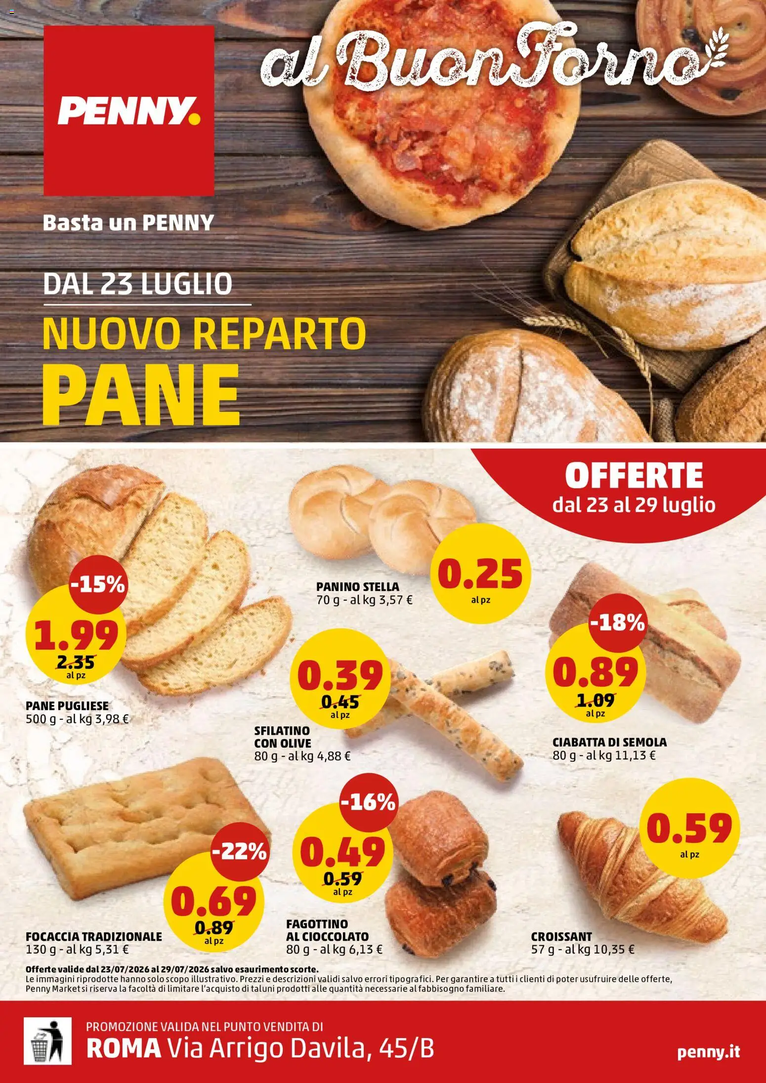 Volantino PENNY del 23/07/2026 | Pagina: 1 | Prodotti: Pane, Focaccia, Olive, Croissant
