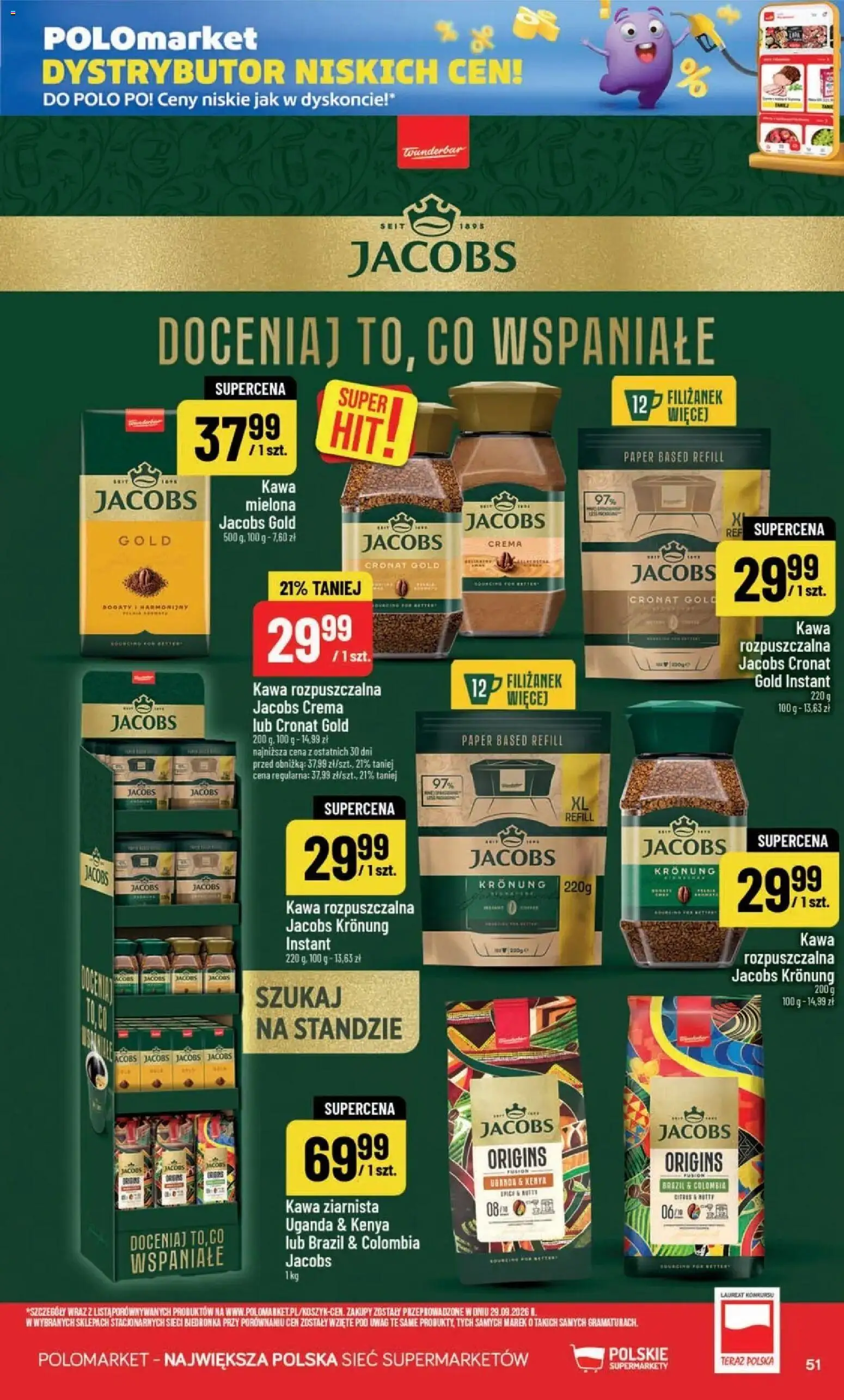 POLOmarket aktualna gazetka od 28.10.2026 | Strona: 51 | Produkty: Kawa ziarnista, Kawa rozpuszczalna, Jacobs gold, Kawa mielona