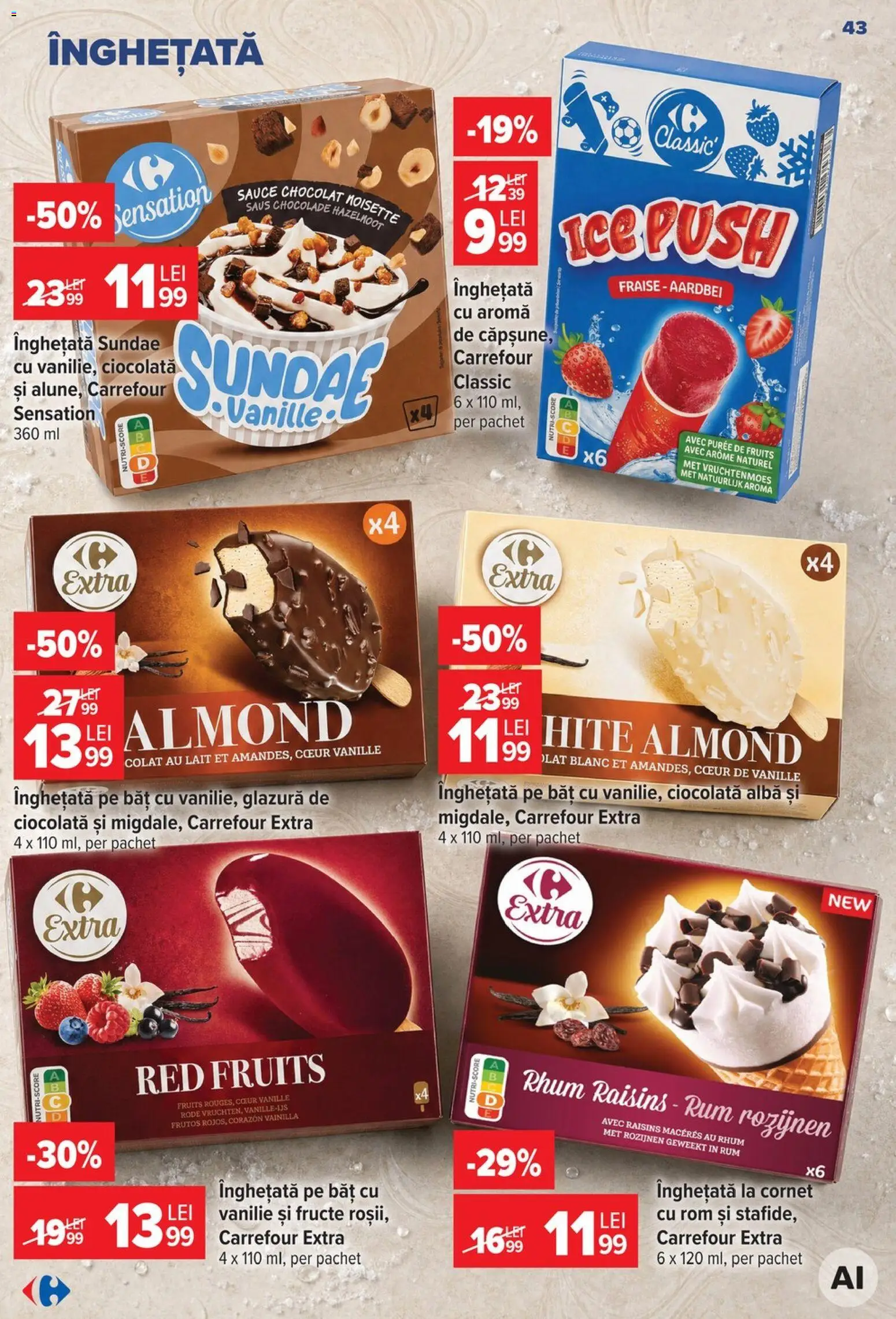 Noul catalog Carrefour – valabil de la 12.08.2026 | Pagină: 44 | Produse: Carrefour Classic, Alba, Înghețată, Fructe