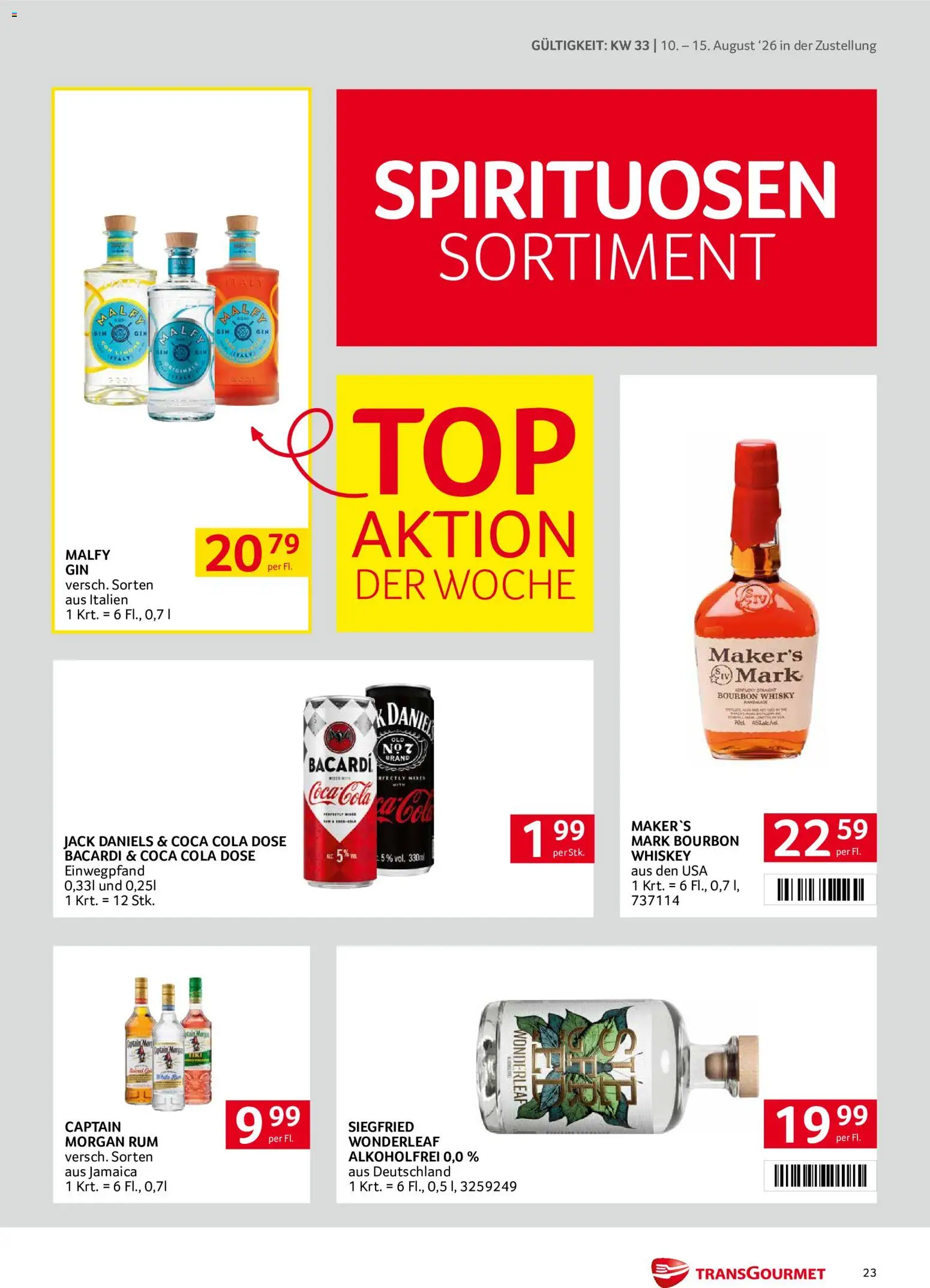 Transgourmet Zustellaktion gültig ab 10.08.2026 | Seite: 23 | Produkte: Whiskey, Salat, Mixer, Bourbon