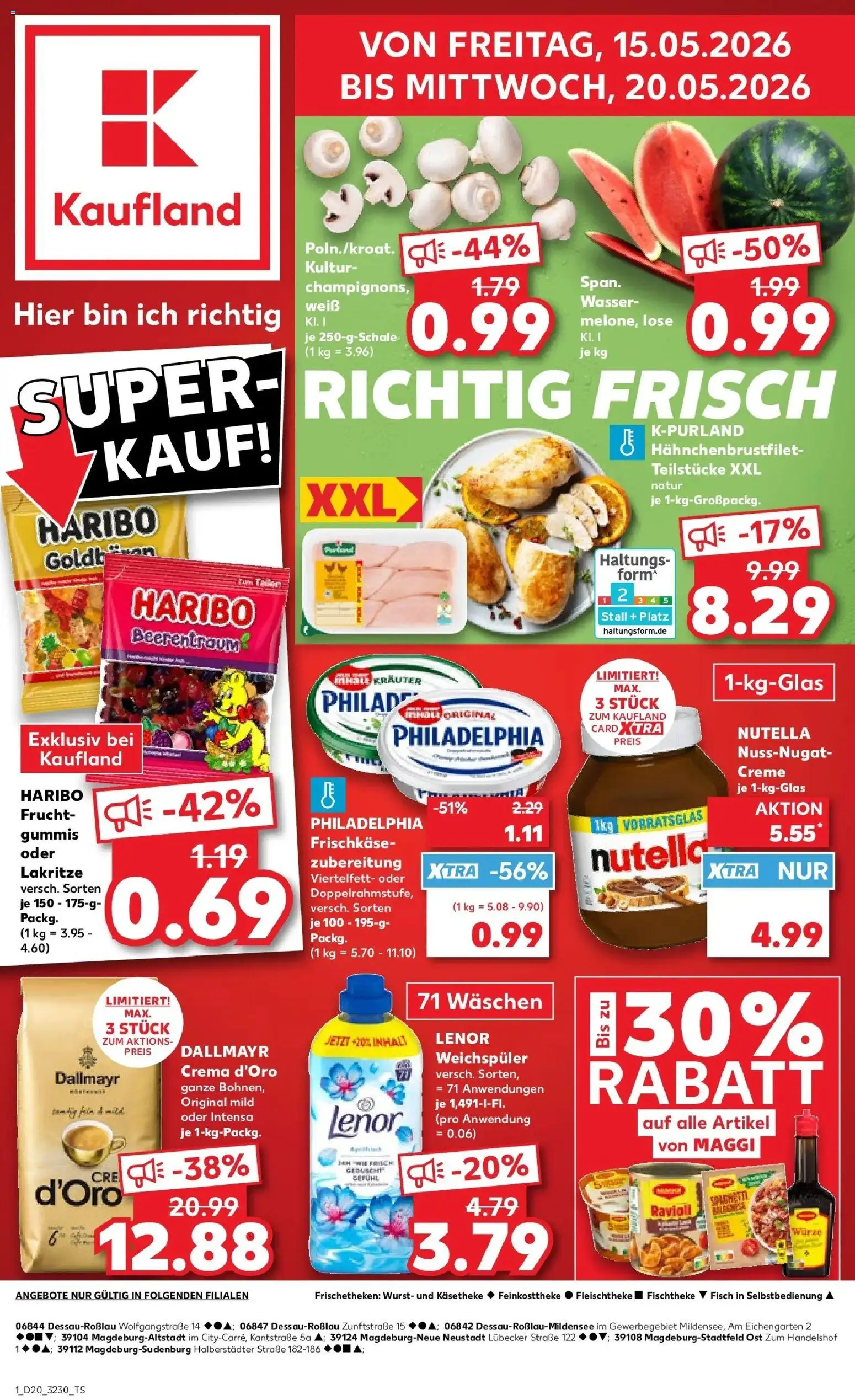 Kaufland Prospekt Dessau-Roßlau – gültig ab 15.05.2026 | Seite: 1 | Produkte: Maggi, Philadelphia, Fisch, Wasser