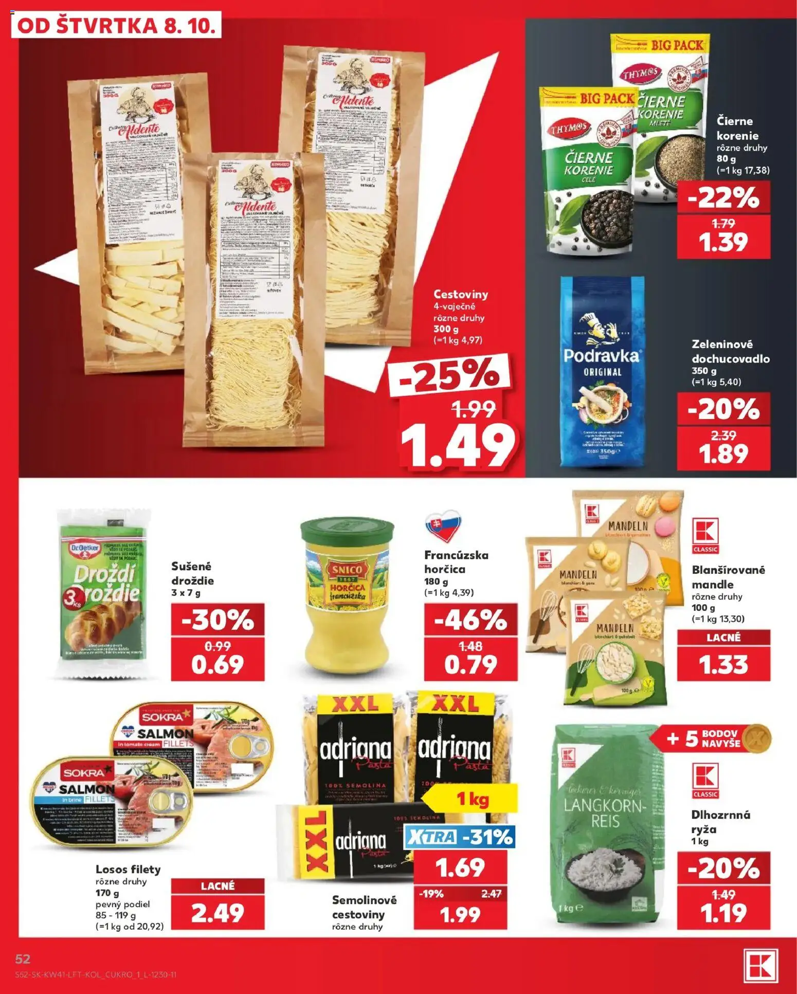 Nové Kaufland akcie – leták je platný od 08.10.2026 | Strana: 52 | Produkty: Cestoviny, Losos, Horčica, Droždie