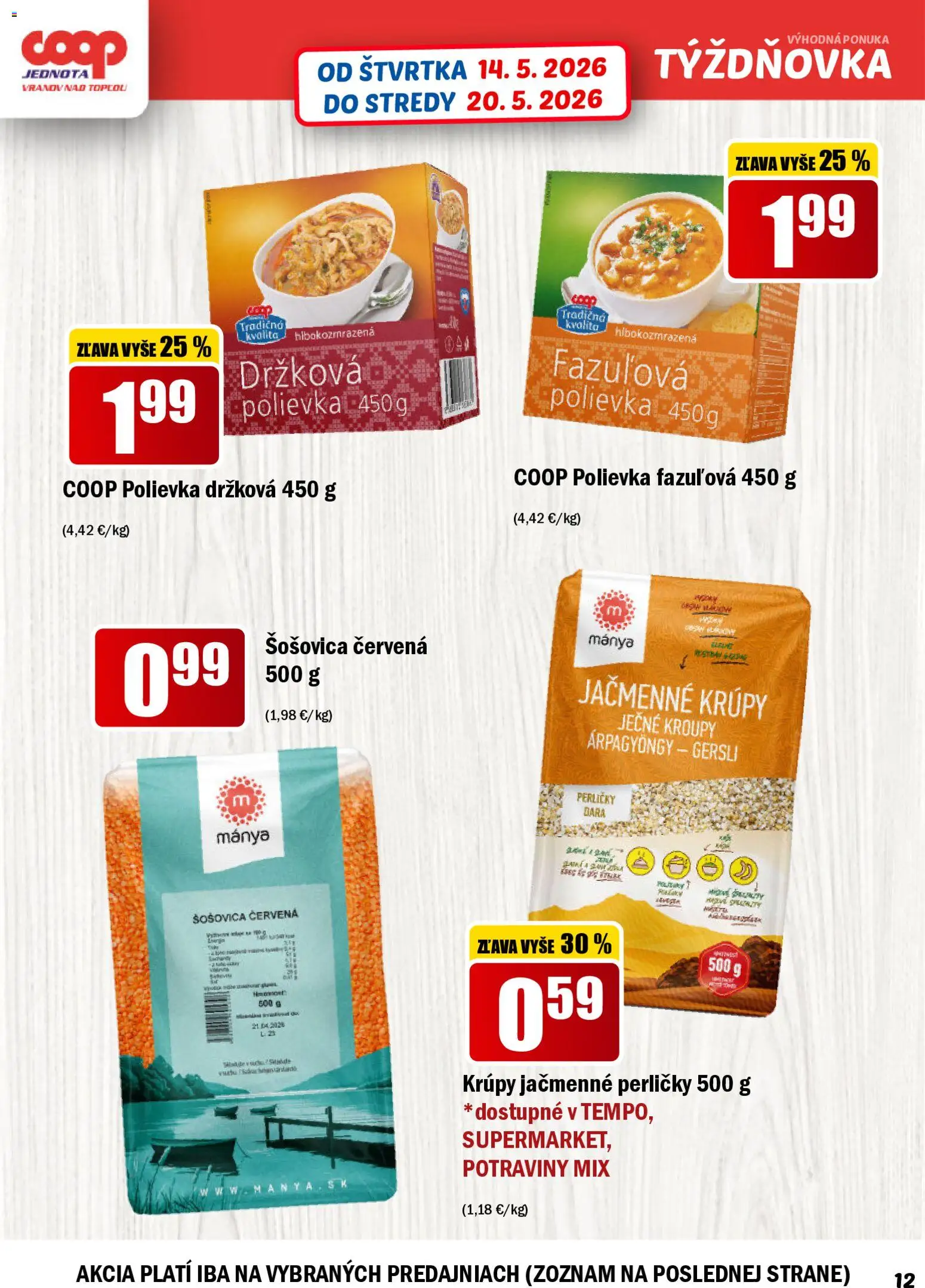 Nové COOP Jednota akcie – leták je platný od 14.05.2026 | Strana: 12 | Produkty: Šošovica