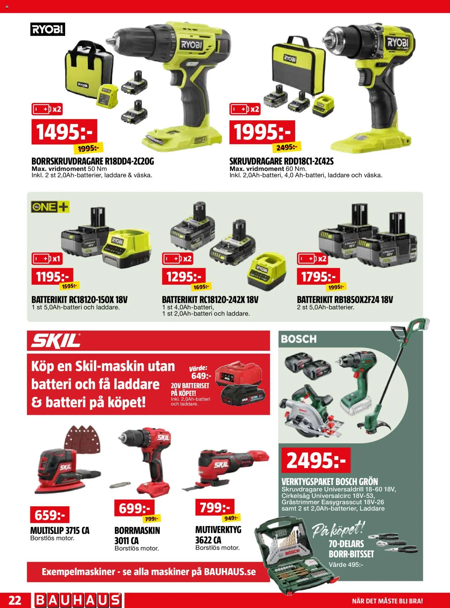 Bauhaus reklamblad aktuell från 01.06.2026 | Sida: 22 | Produkter: Grästrimmer, Skruvdragare, Batteri, Laddare