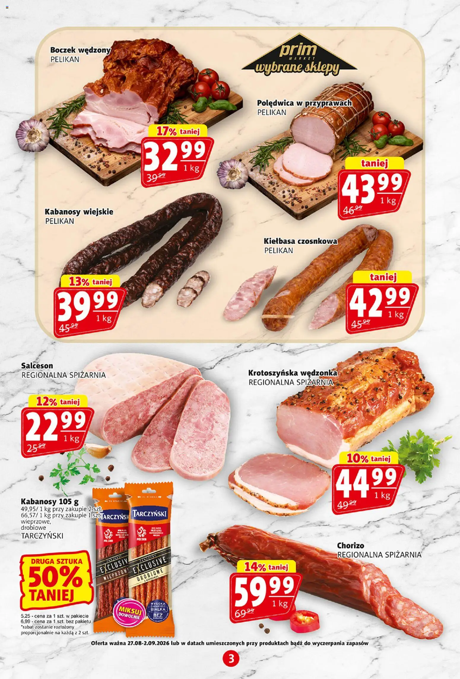Prim Market gazetka od 27.08.2026 | Strona: 3 | Produkty: Kiełbasa, Kabanosy, Boczek wędzony, Boczek