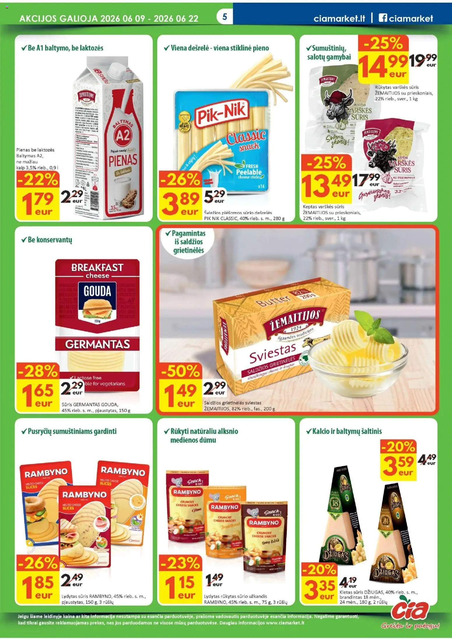 ČIA MARKET akcijos nuo 09.06.2026 | Puslapis: 5 | Prekių: Varškės sūris, Dešrelės, Pienas, Lydytas sūris