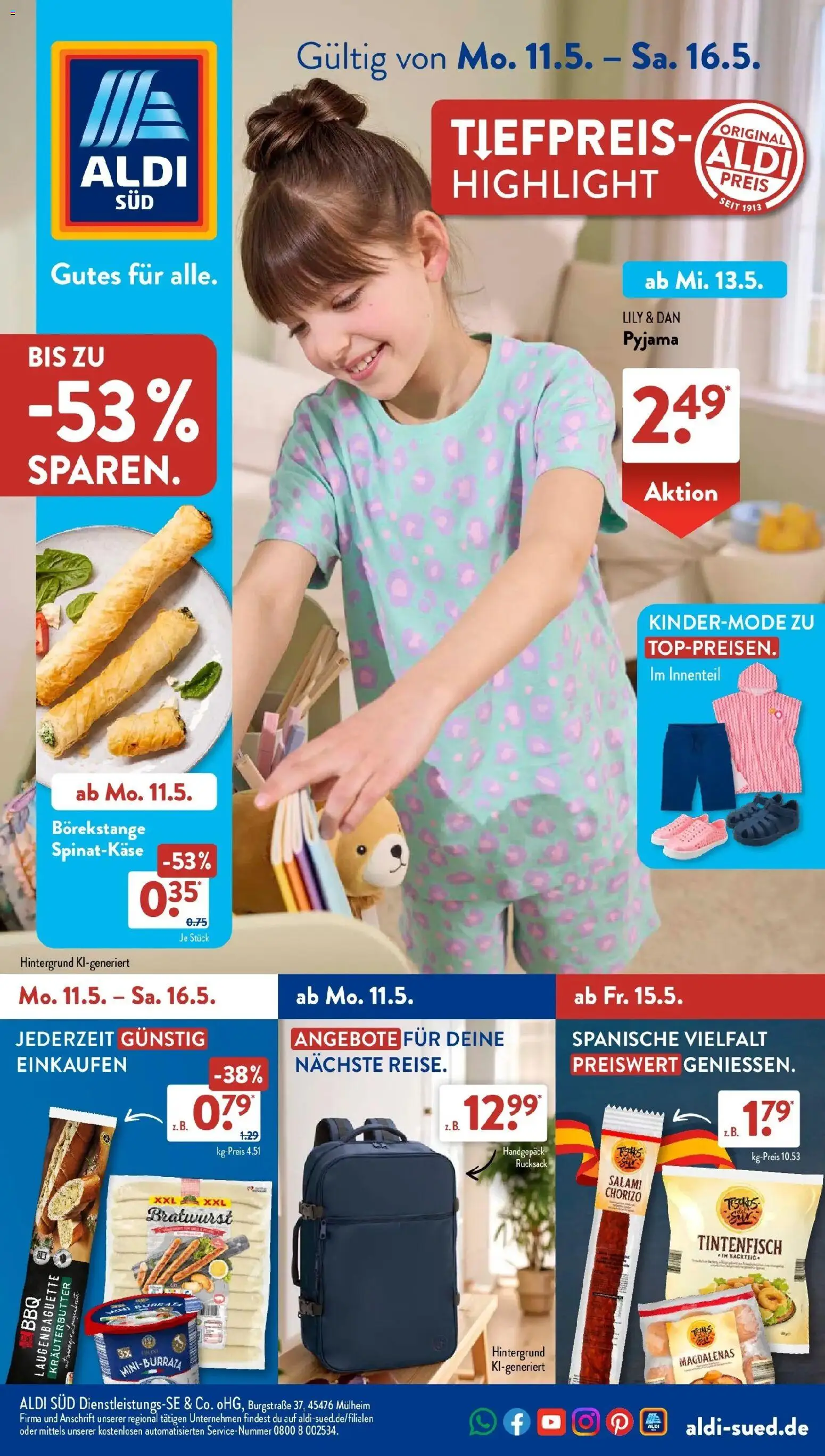 Aldi Süd Wochenangebote – gültig ab 10.05.2026 | Seite: 1 | Produkte: Kräuterbutter, Tintenfisch, Pyjama, Rucksack
