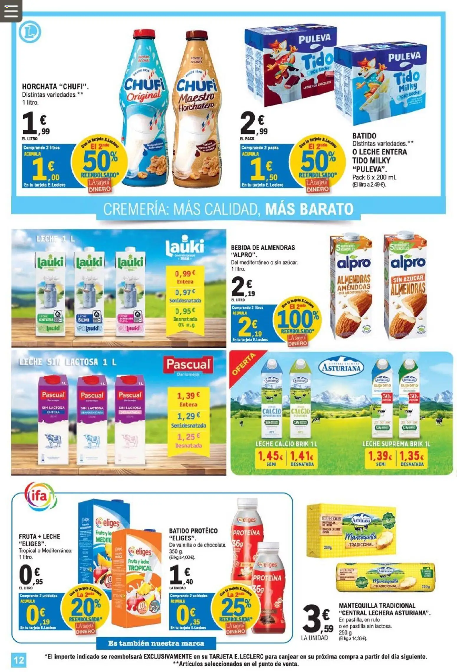 E.Leclerc Miranda de Ebro │ válido desde el 12/08/2026 | Página: 12 | Productos: Leche entera, Proteína, Leche, Azúcar