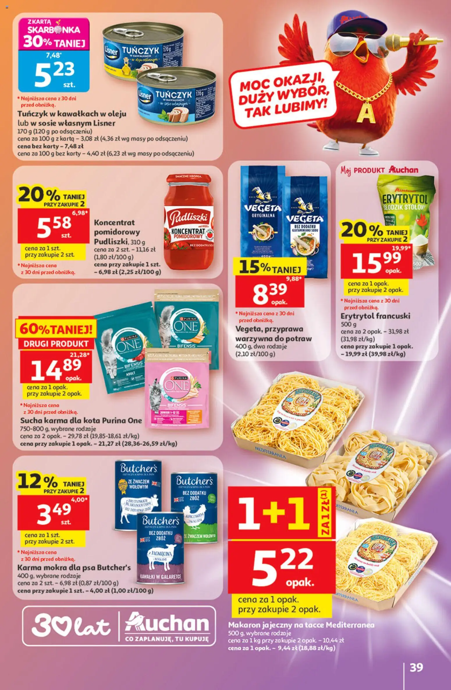 Auchan gazetka - 30 Lat Hipermarket od 21.05.2026 | Strona: 39 | Produkty: Karta, Tuńczyk, Karma dla kota, Makaron