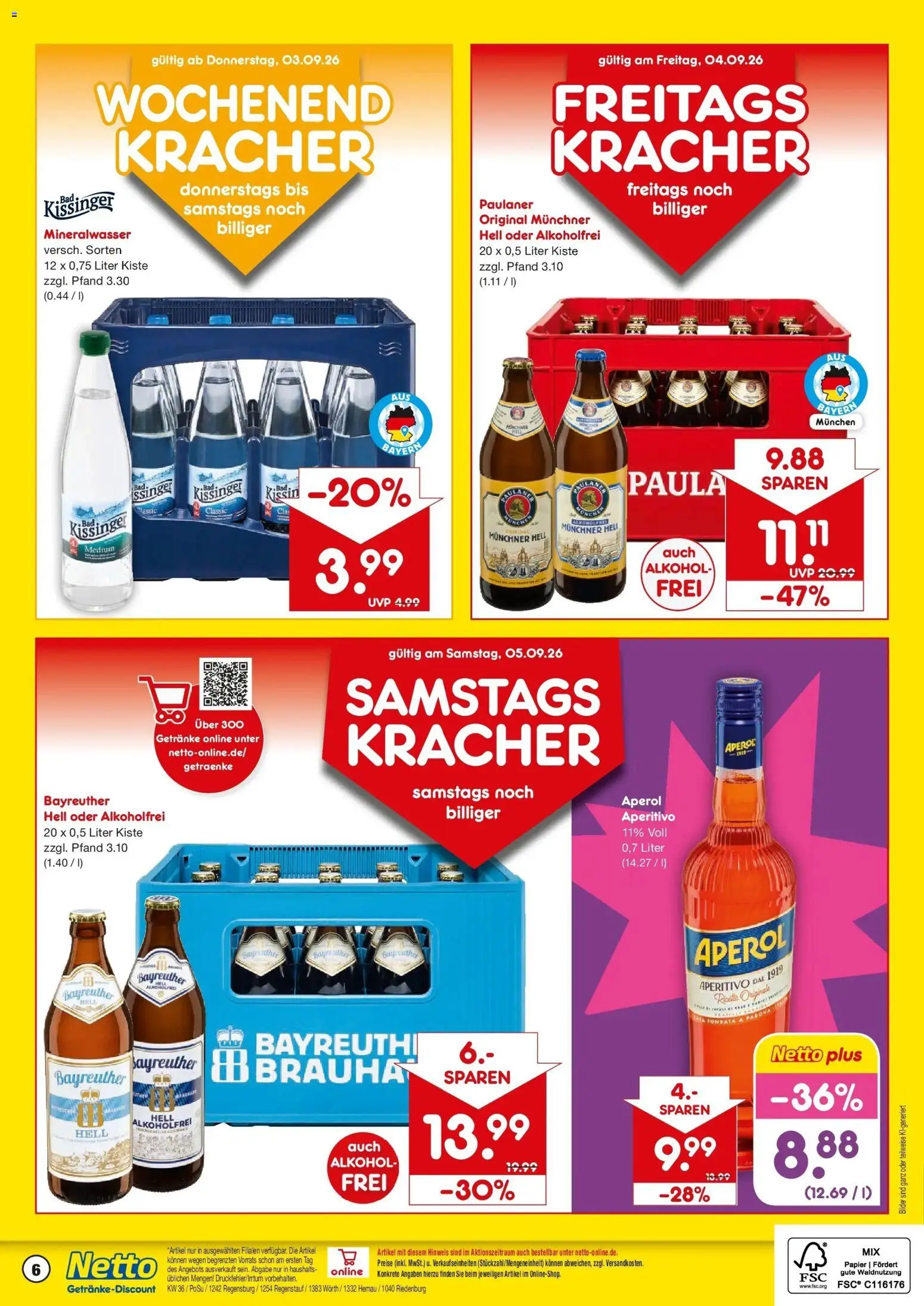 Netto Marken-Discount Prospekt Hemau (ab 31.08.2026) » Angebote | Seite: 6 | Produkte: Mineralwasser, Alkohol, Aperol, Paulaner