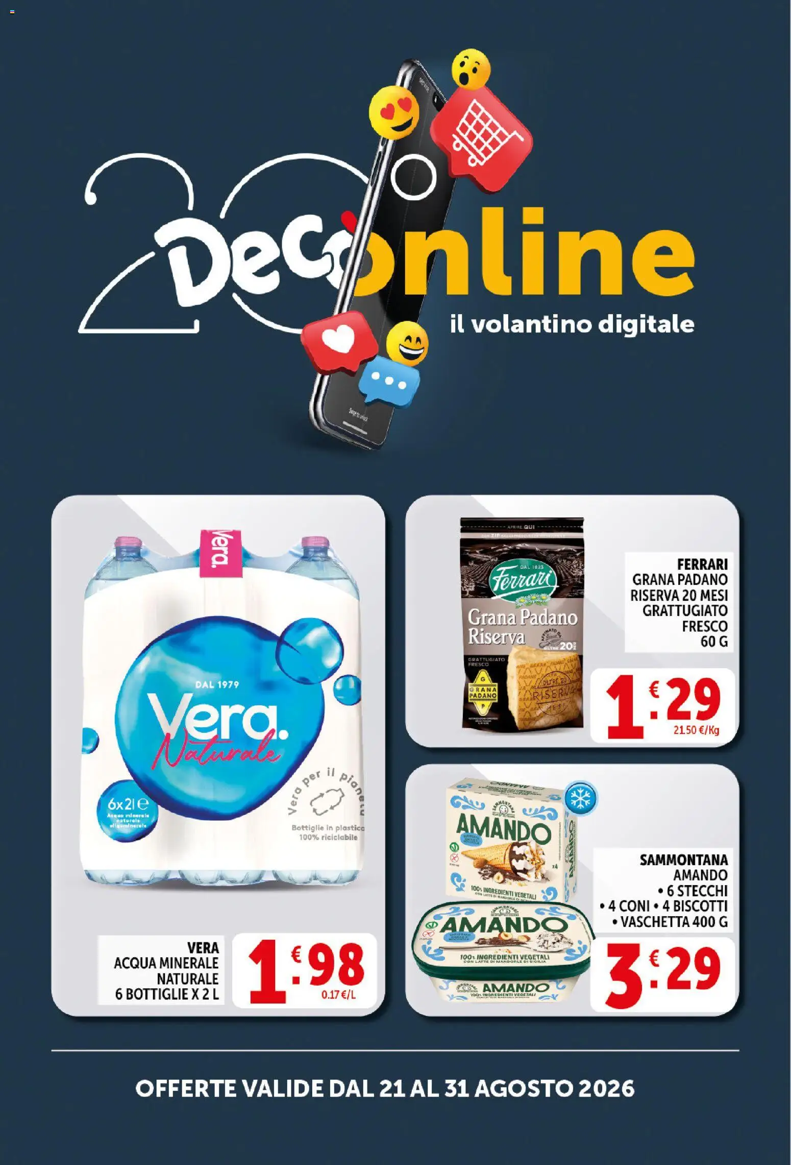 Volantino Decò del 21/08/2026 | Pagina: 21 | Prodotti: Biscotti, Acqua, Grana Padano, Ingredienti