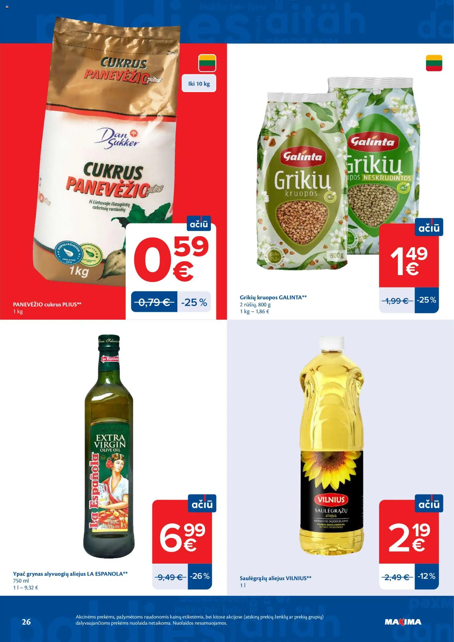 MAXIMA akcijos nuo 16.06.2026 | Puslapis: 26 | Prekių: Kruopos, Aliejus, Alyvuogių aliejus, Cukrus