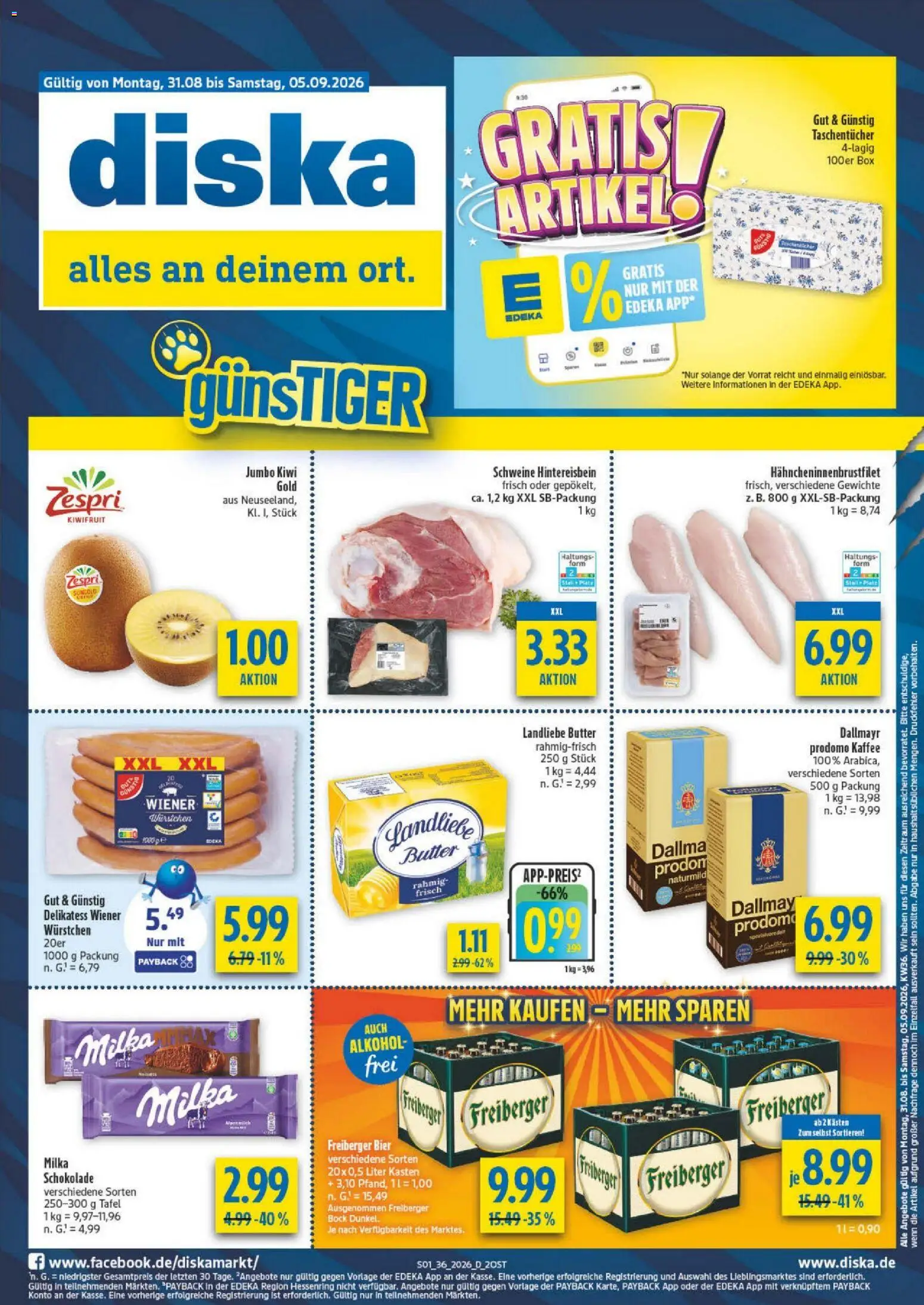 Diska Prospekt – gültig ab 31.08.2026 | Seite: 1 | Produkte: Kaffee, Schokolade, Bier, Kiwi