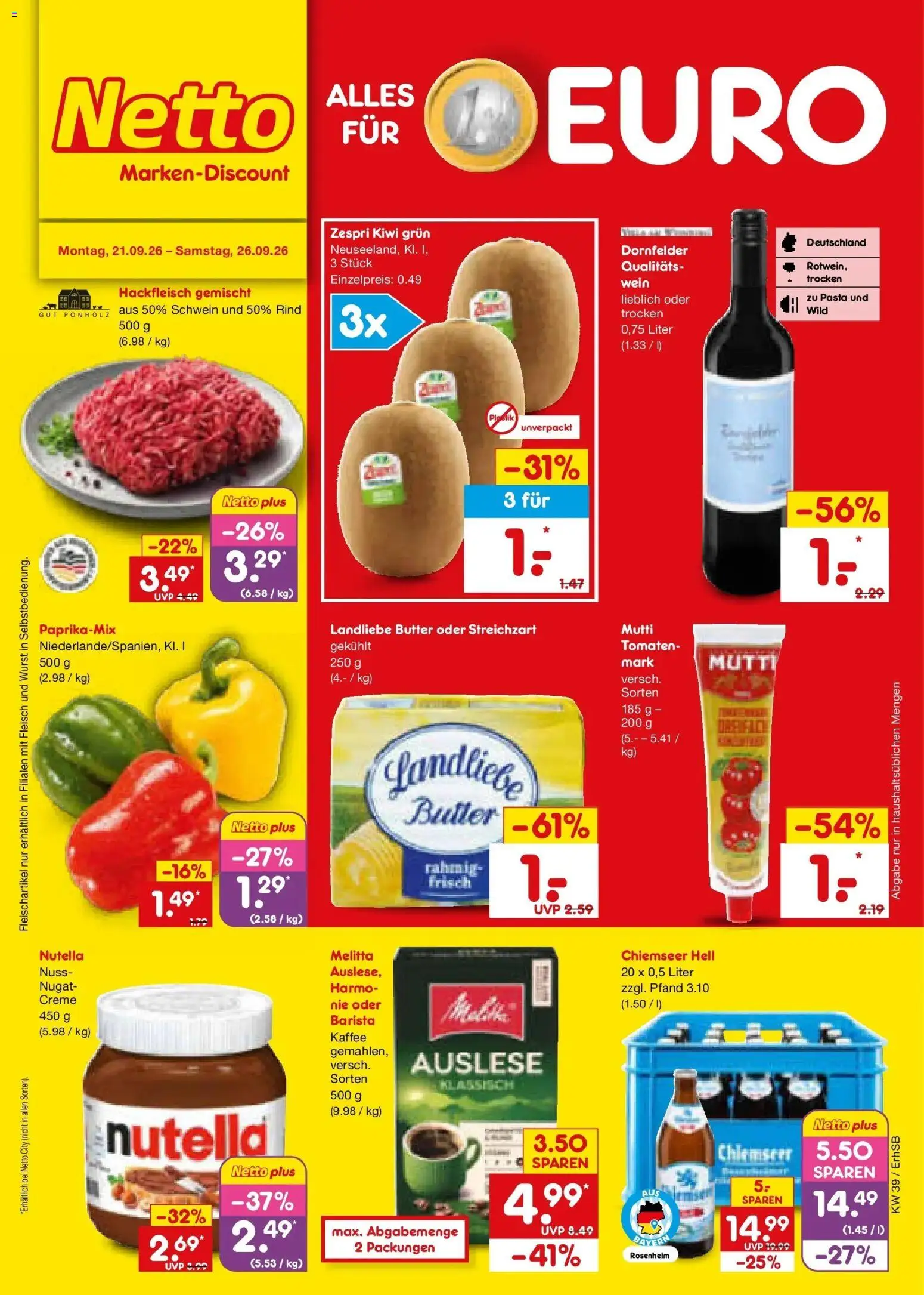 Netto Marken-Discount Prospekt Mauern – gültig ab 21.09.2026 | Seite: 1 | Produkte: Kaffee, Nutella, Wurst, Wein