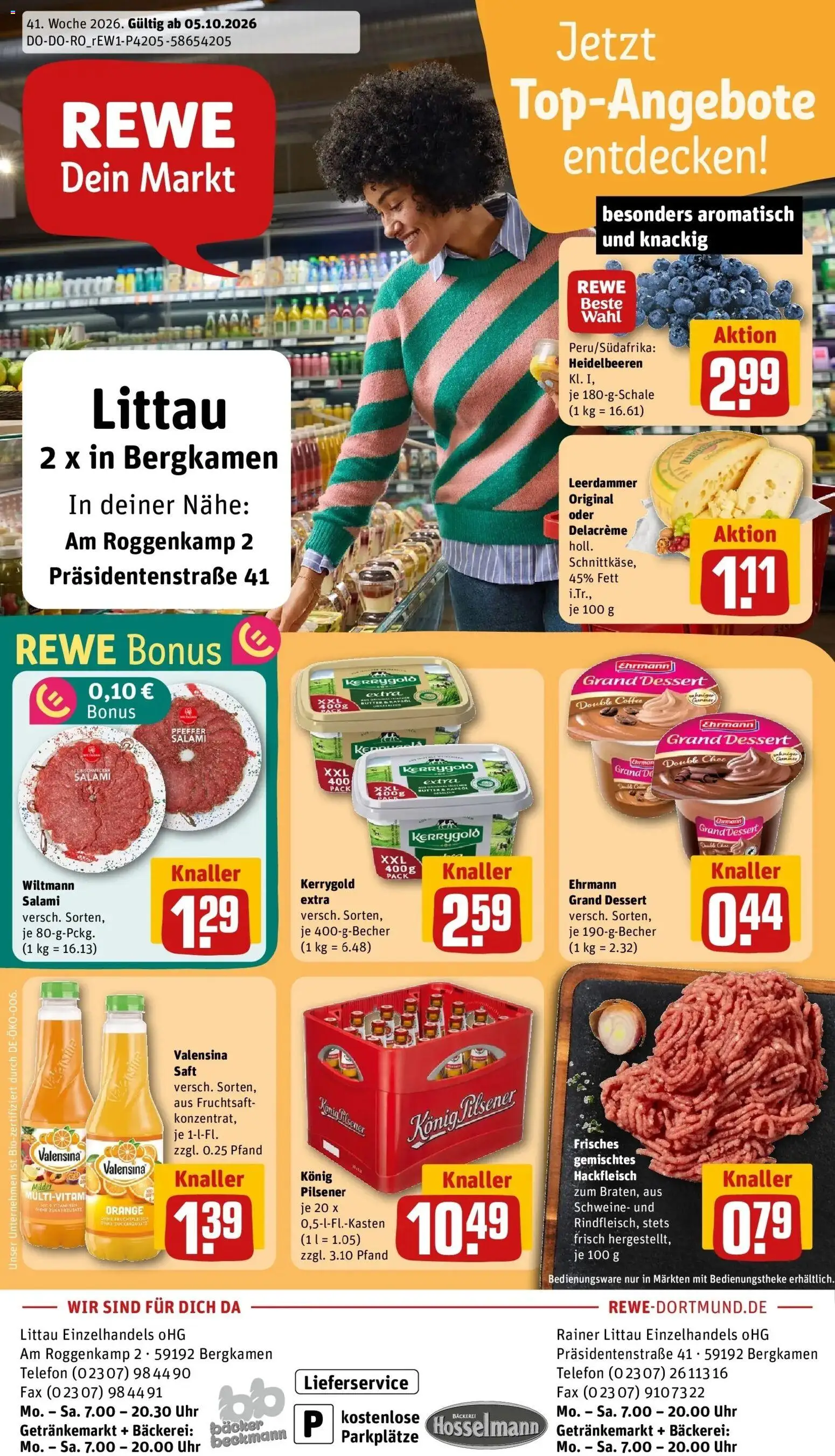 REWE Prospekt ab 05.10.2026 zum Blättern » Angebote | Seite: 5 | Produkte: Heidelbeeren, Valensina, Salami, Saft