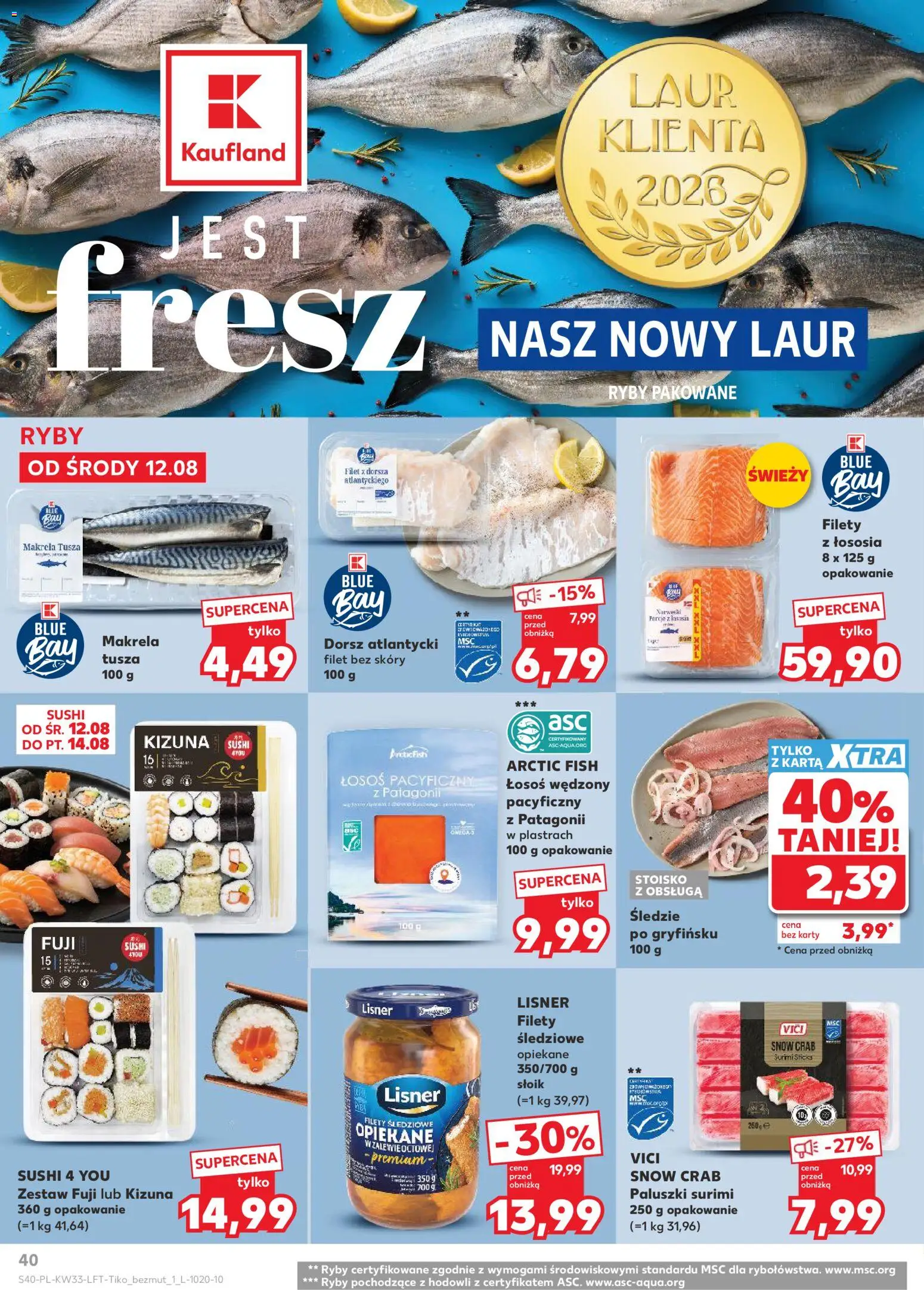 Kaufland Polsko leták od 12.08.2026 | Strana: 40 | Produkty: Ryby, Makrela, Surimi, Karty