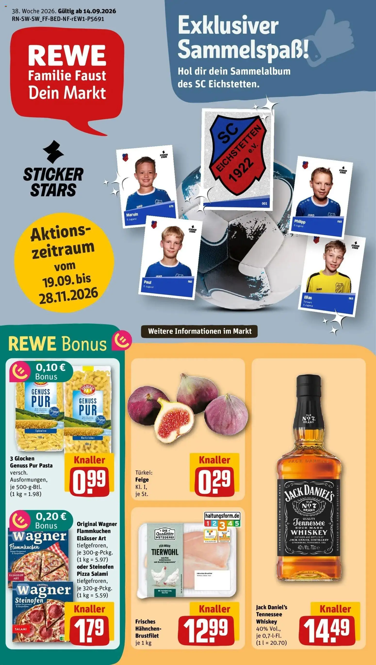 REWE Prospekt ab 14.09.2026 zum Blättern » Angebote | Seite: 1 | Produkte: Hahnchen, Jack Daniel's, Salami, Whiskey